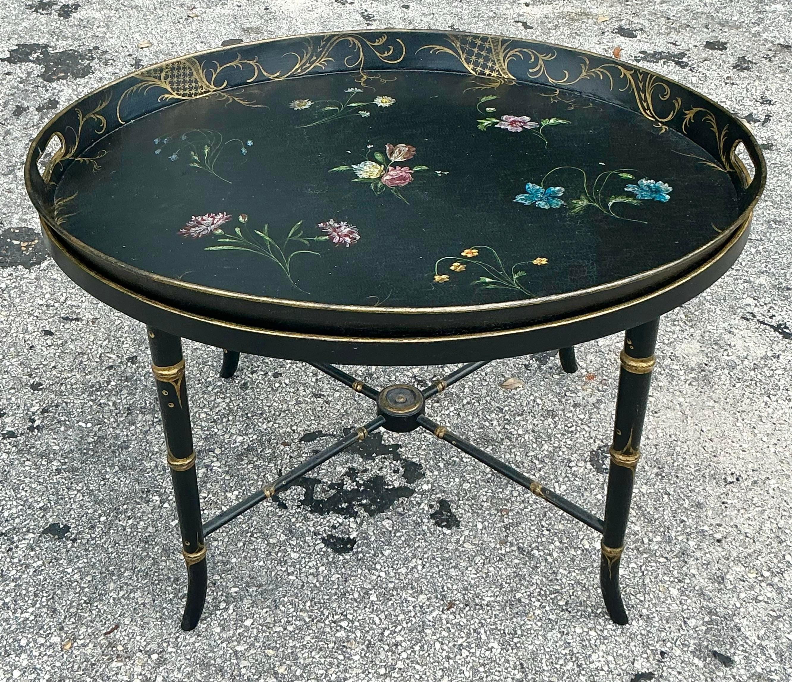20th Century Vintage Regency Hand Painted Tole Tray Table After John Roselli
