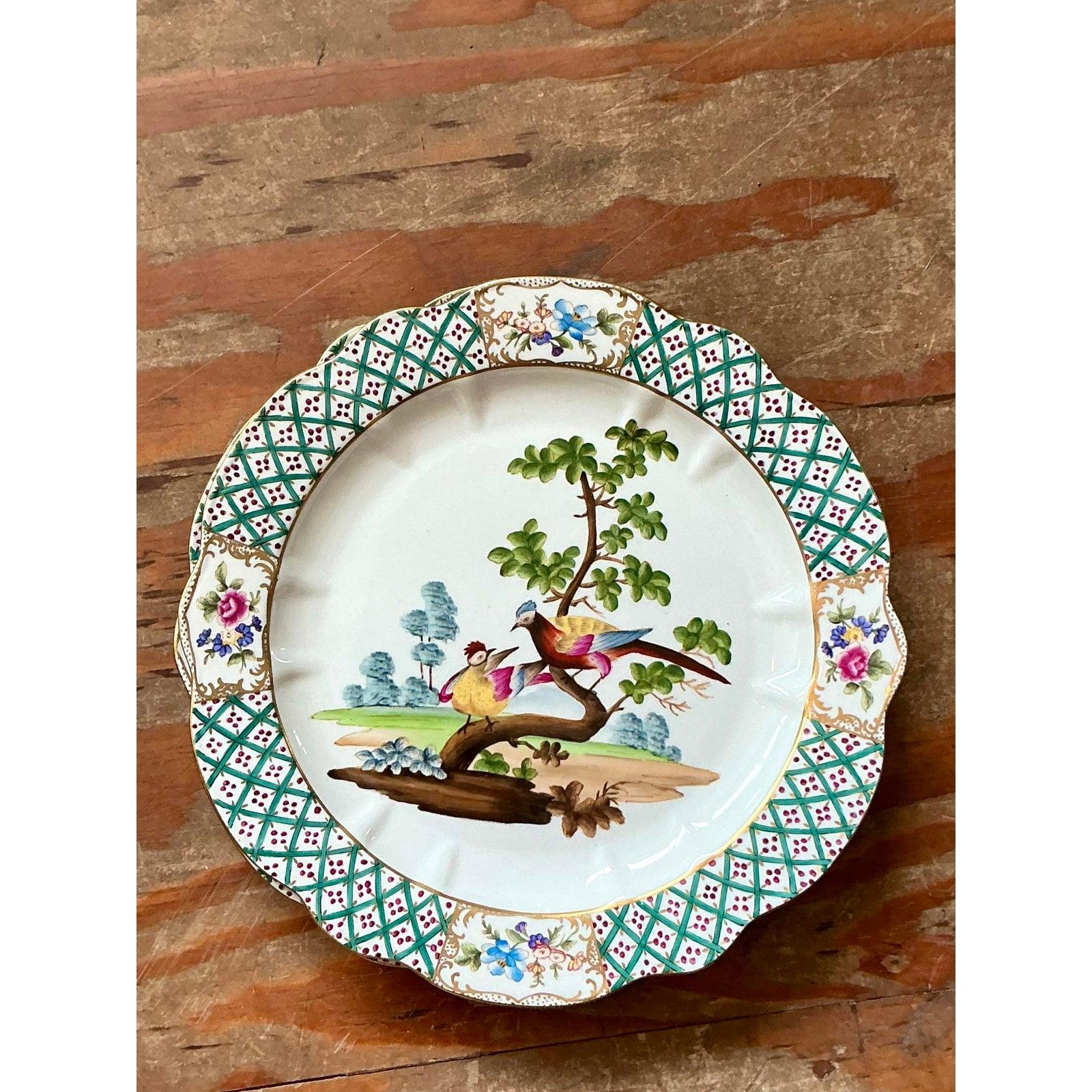 Vintage Regency Hand Painted Trellis Plates - A Pair In Good Condition For Sale In West Palm Beach, FL