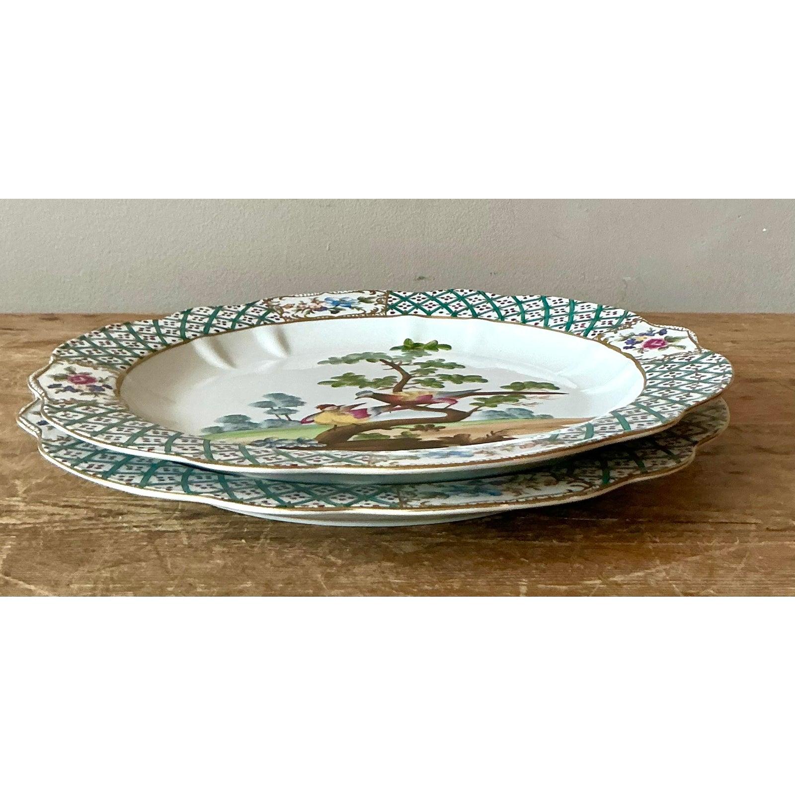 Contemporary Vintage Regency Hand Painted Trellis Plates - A Pair For Sale