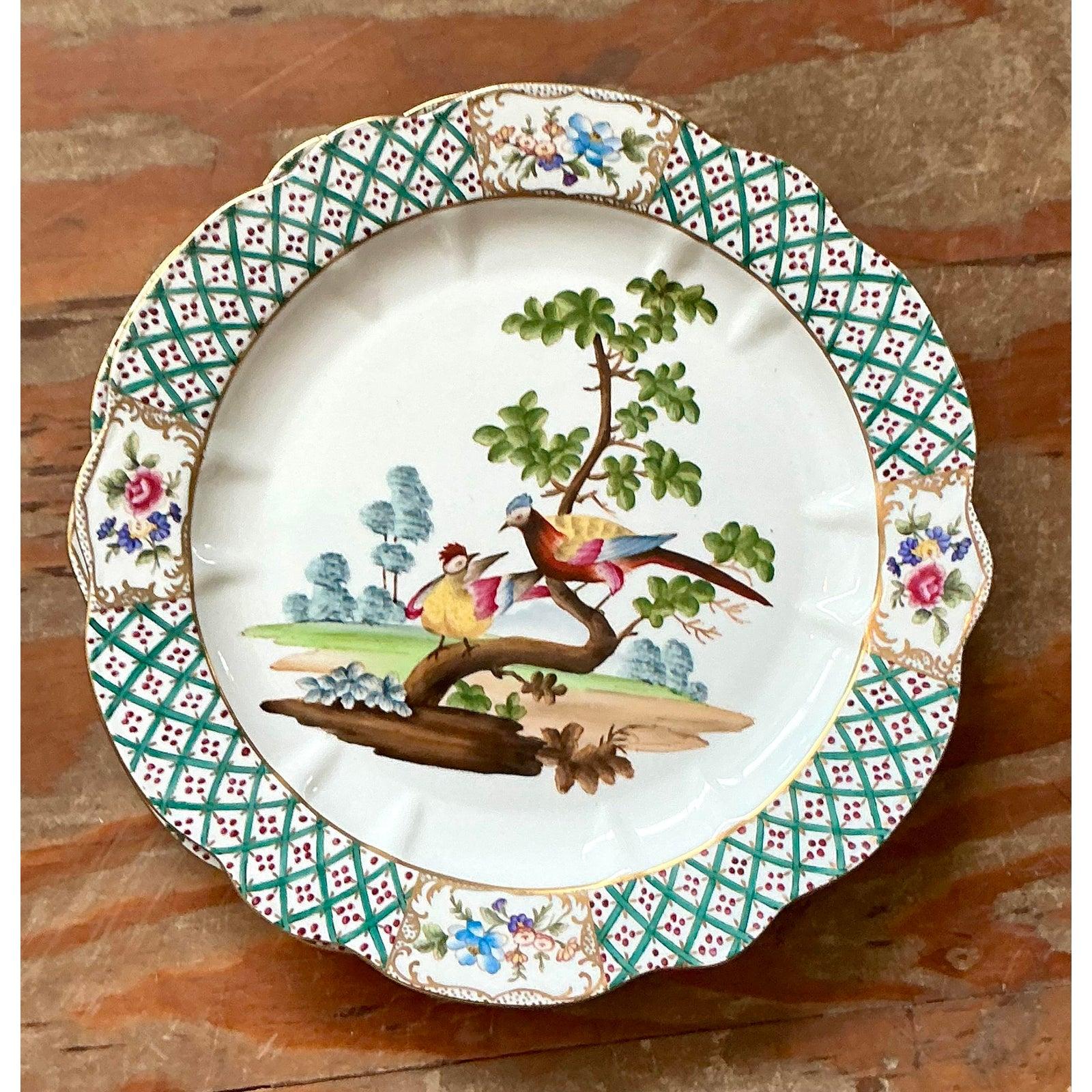 Porcelain Vintage Regency Hand Painted Trellis Plates - A Pair For Sale