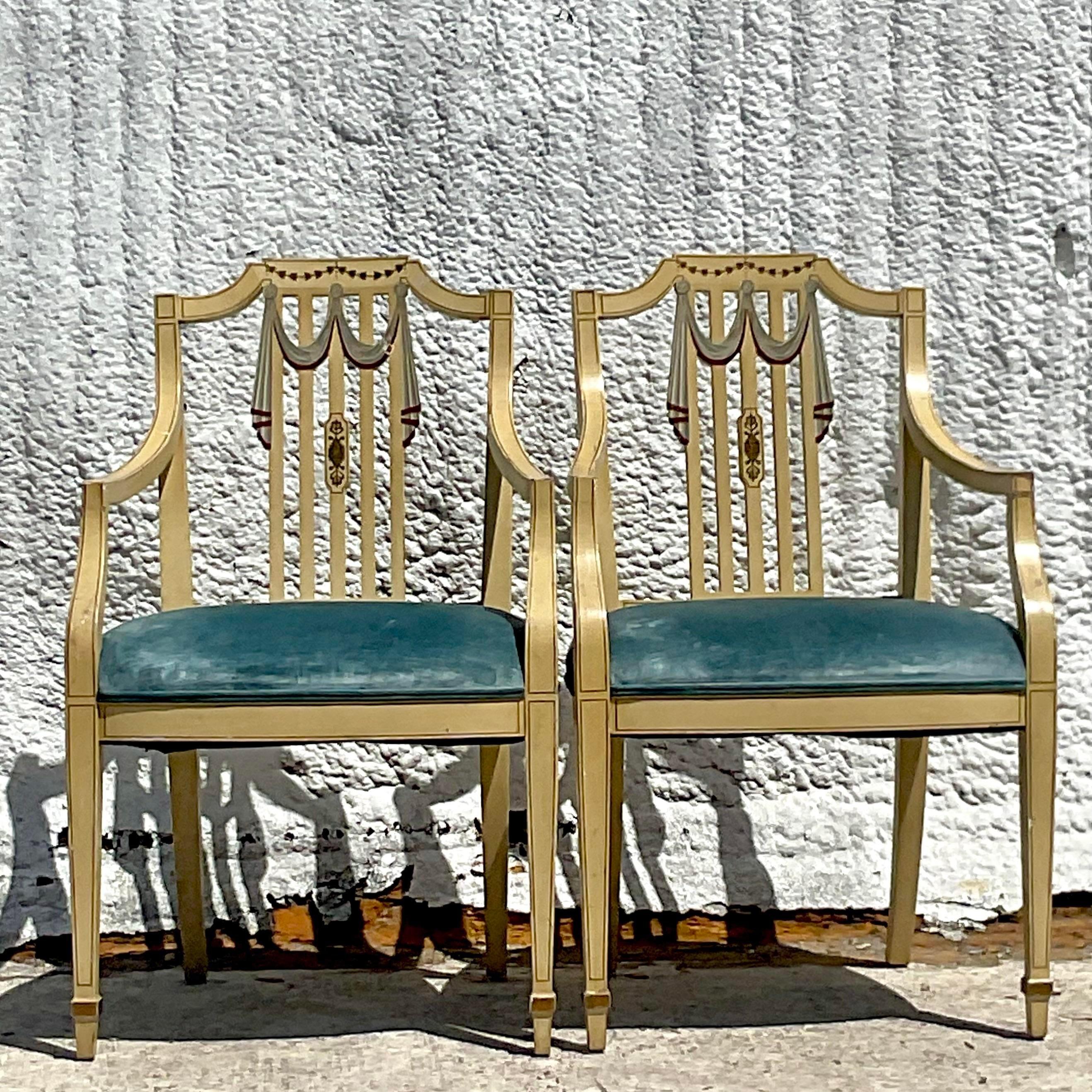Italian Vintage Regency Hand Painted Tromp L’oiel Swag Arm Chairs, a Pair For Sale