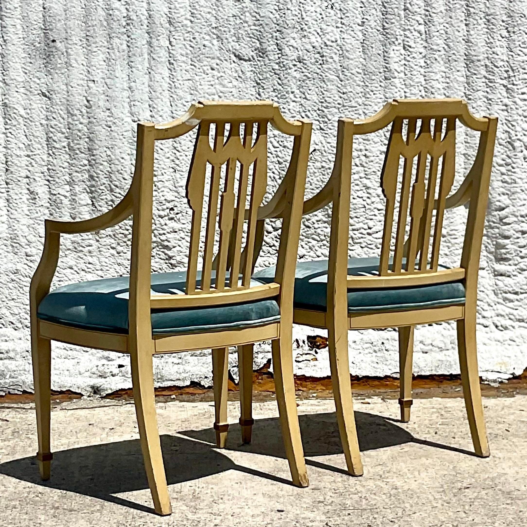 Vintage Regency Hand Painted Tromp L’oiel Swag Arm Chairs, a Pair In Good Condition For Sale In west palm beach, FL