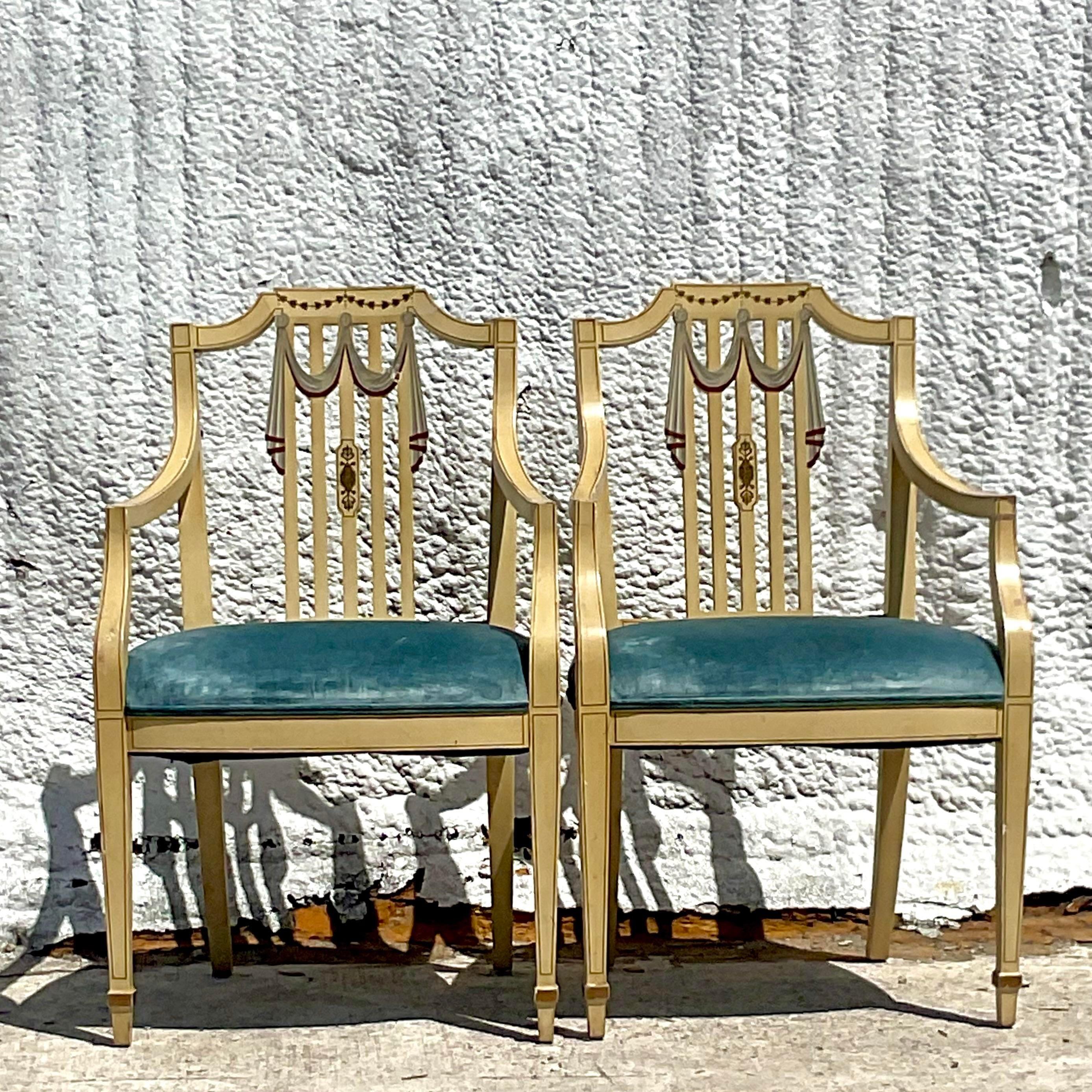 20th Century Vintage Regency Hand Painted Tromp L’oiel Swag Arm Chairs, a Pair For Sale