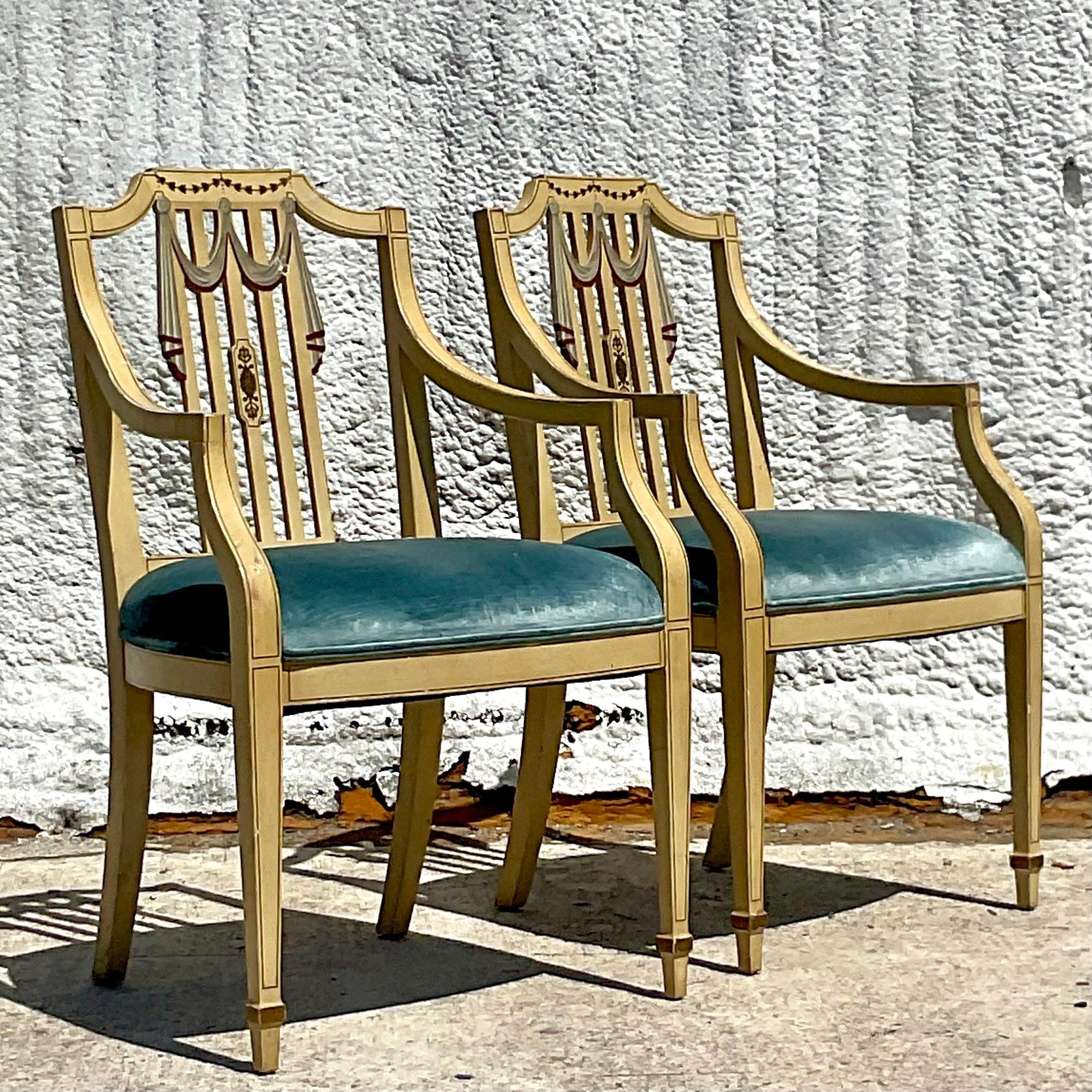 Velvet Vintage Regency Hand Painted Tromp L’oiel Swag Arm Chairs, a Pair For Sale