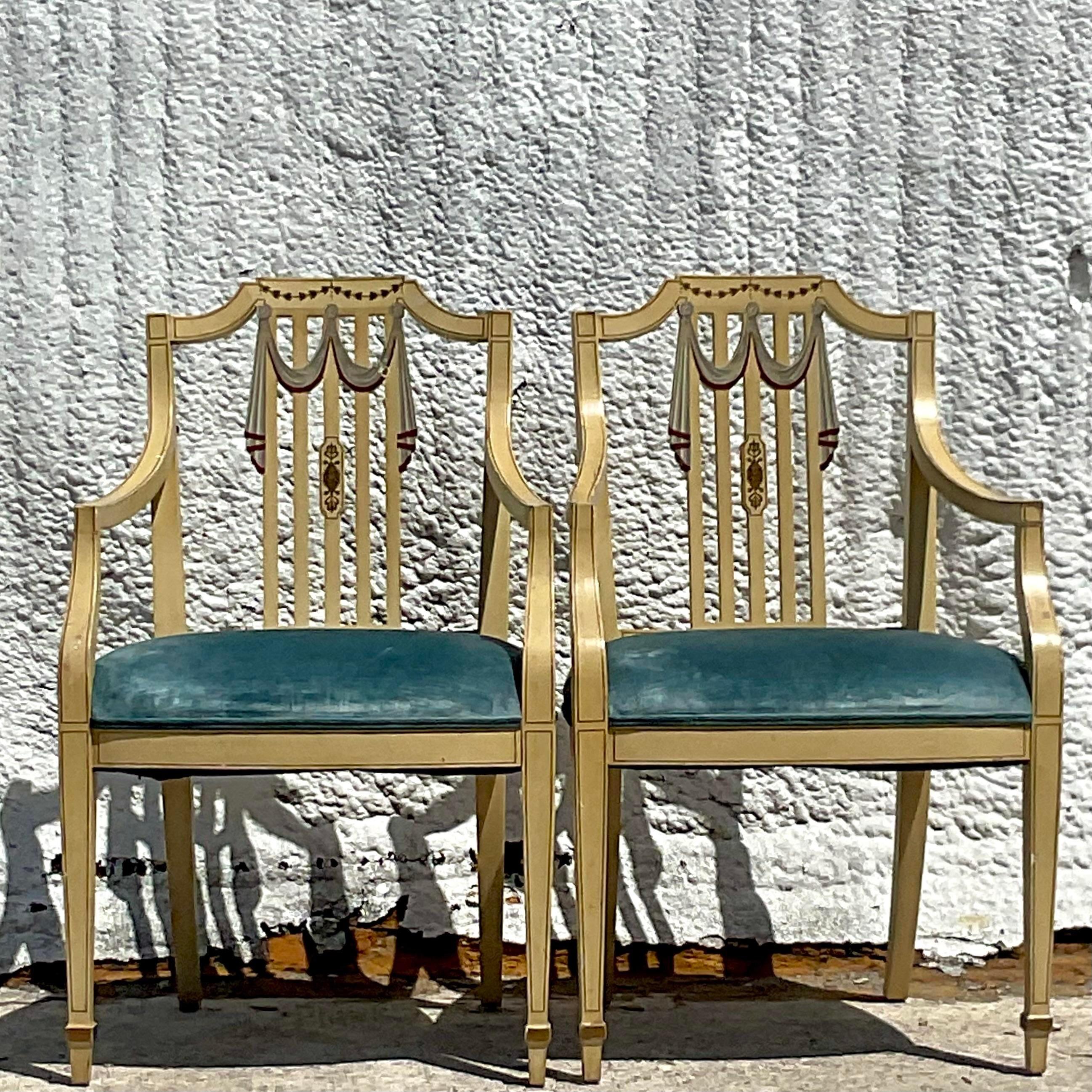Vintage Regency Hand Painted Tromp L’oiel Swag Arm Chairs, a Pair For Sale 1