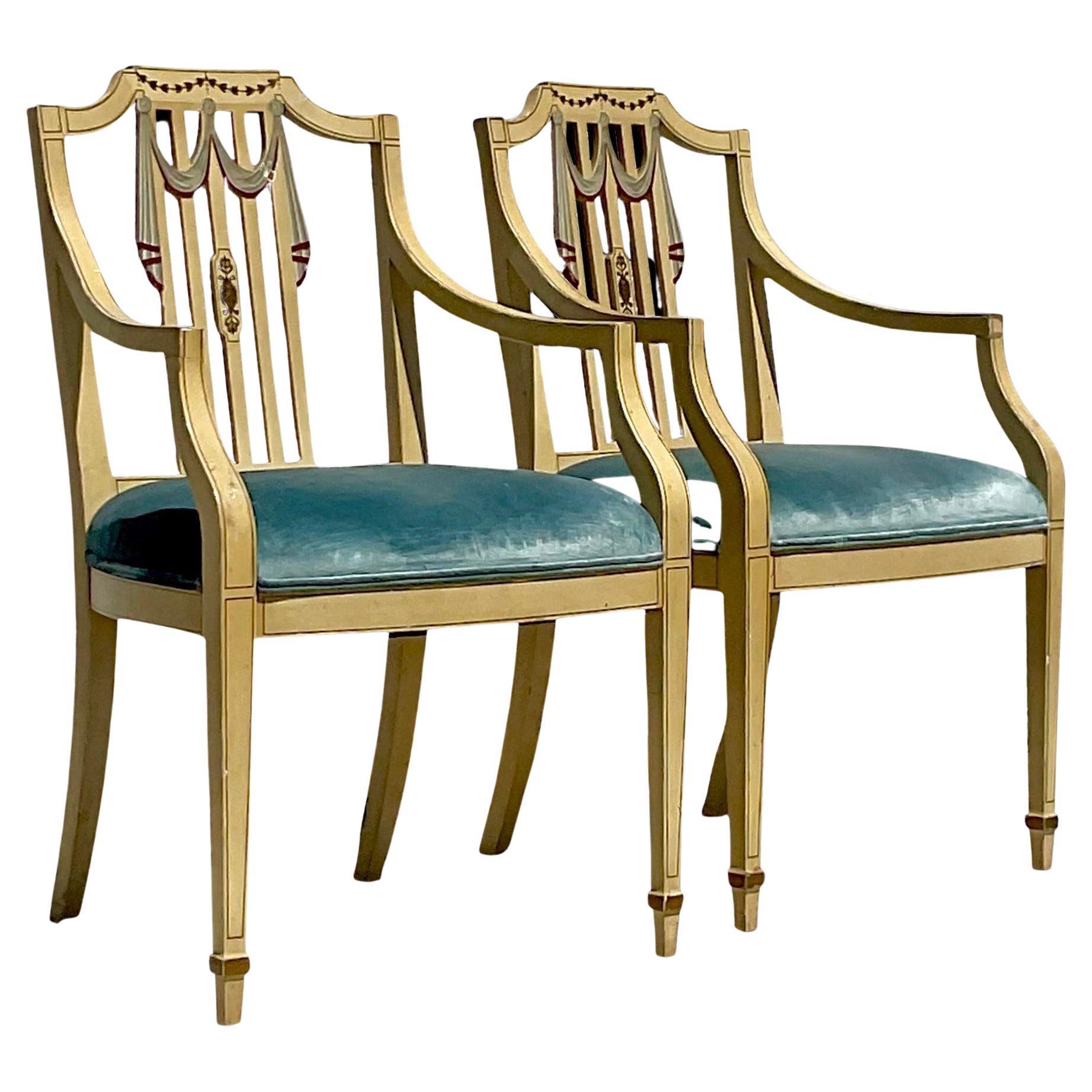 Vintage Regency Hand Painted Tromp L’oiel Swag Arm Chairs, a Pair For Sale