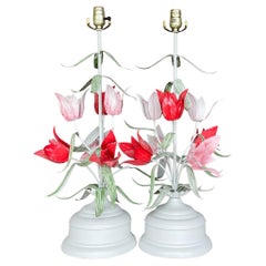 Vintage Regency Hand Painted Tulip Tole Lamps - a Pair