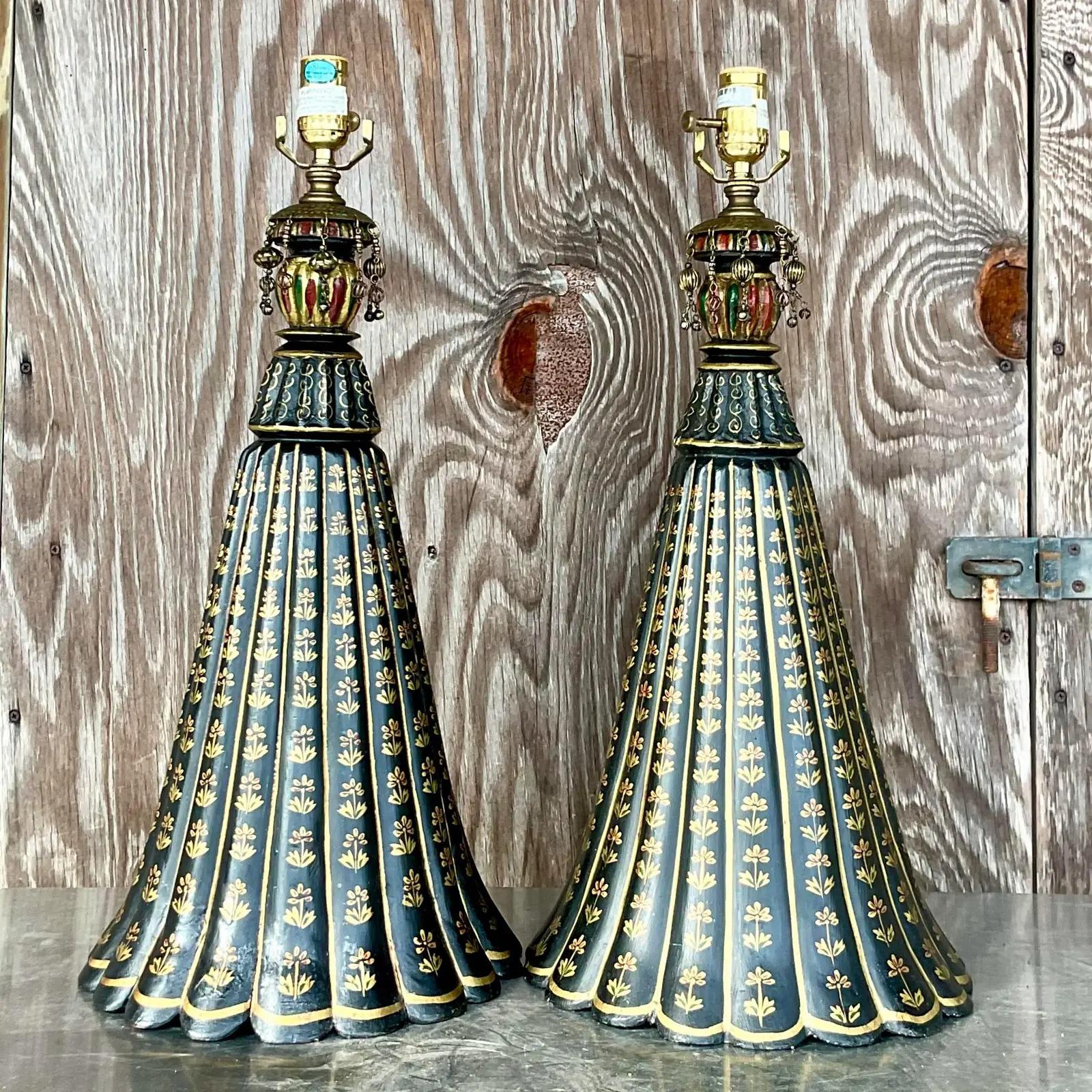 North American Vintage Regency Hand Painted Wood Trumpet Lamps - a Pair For Sale