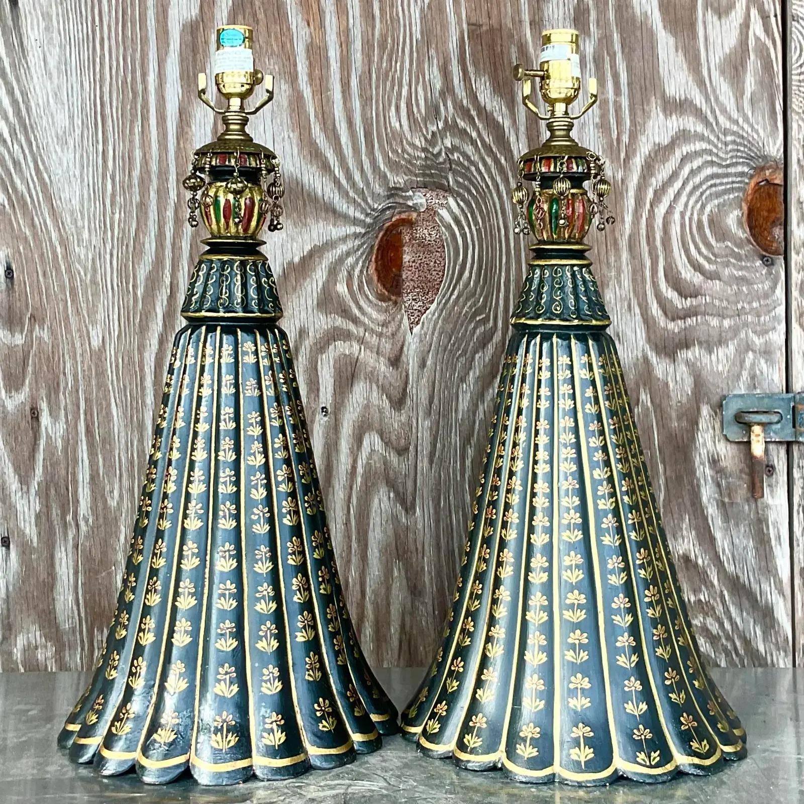 Vintage Regency Hand Painted Wood Trumpet Lamps - a Pair In Good Condition For Sale In west palm beach, FL
