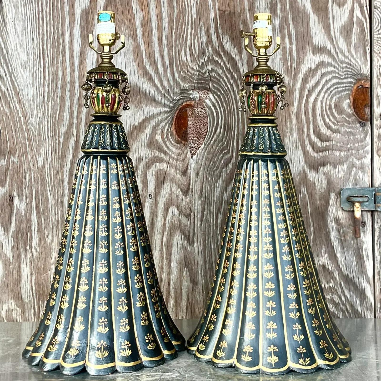 20th Century Vintage Regency Hand Painted Wood Trumpet Lamps - a Pair For Sale