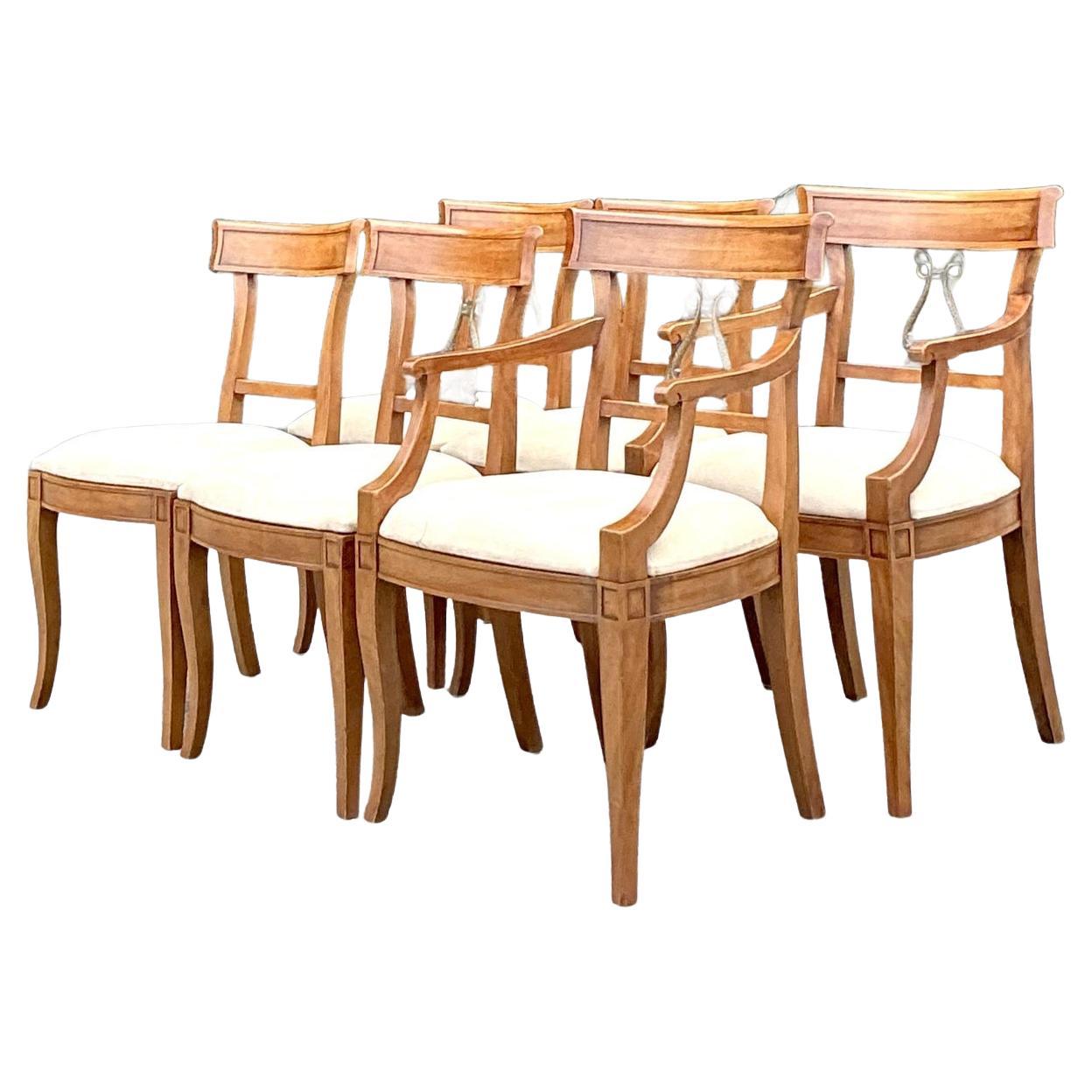 Vintage Regency Henredon Burnished Brass Dolphin Klismos Dining Chairs -Set of 6
