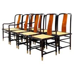 Retro Regency Henredon Lacquered Mahogany and Cane Dining Chairs, Set of 8