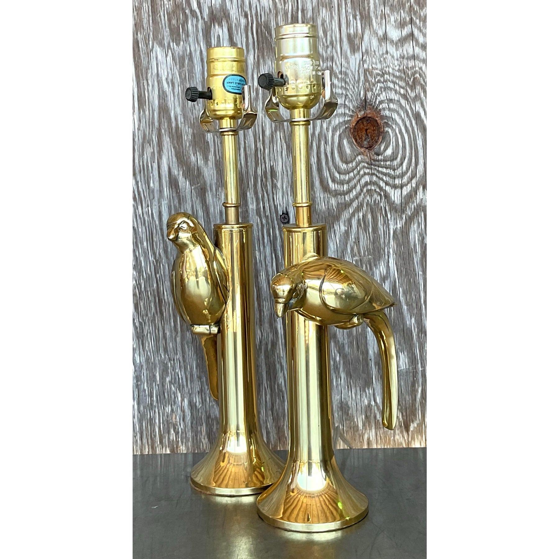 Mid-Century Modern Vintage Regency Heyco Brass Bird Bird Lamps - a Pair