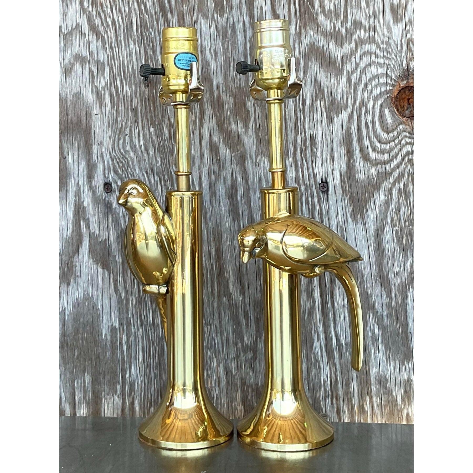 20th Century Vintage Regency Heyco Brass Bird Bird Lamps - a Pair