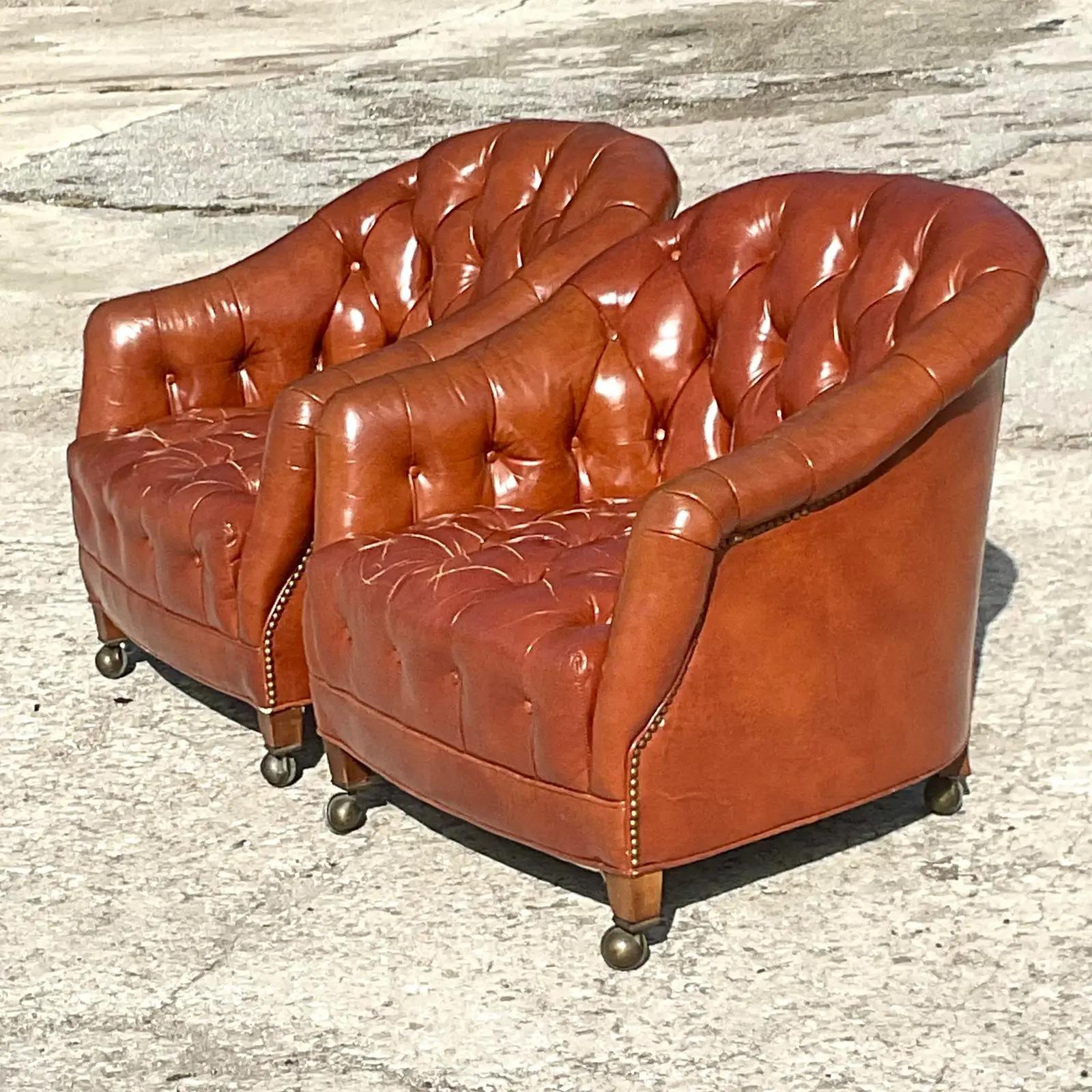 North American Vintage Regency Hickory Chair Tufted Leather Tub Chair on Casters, a Pair