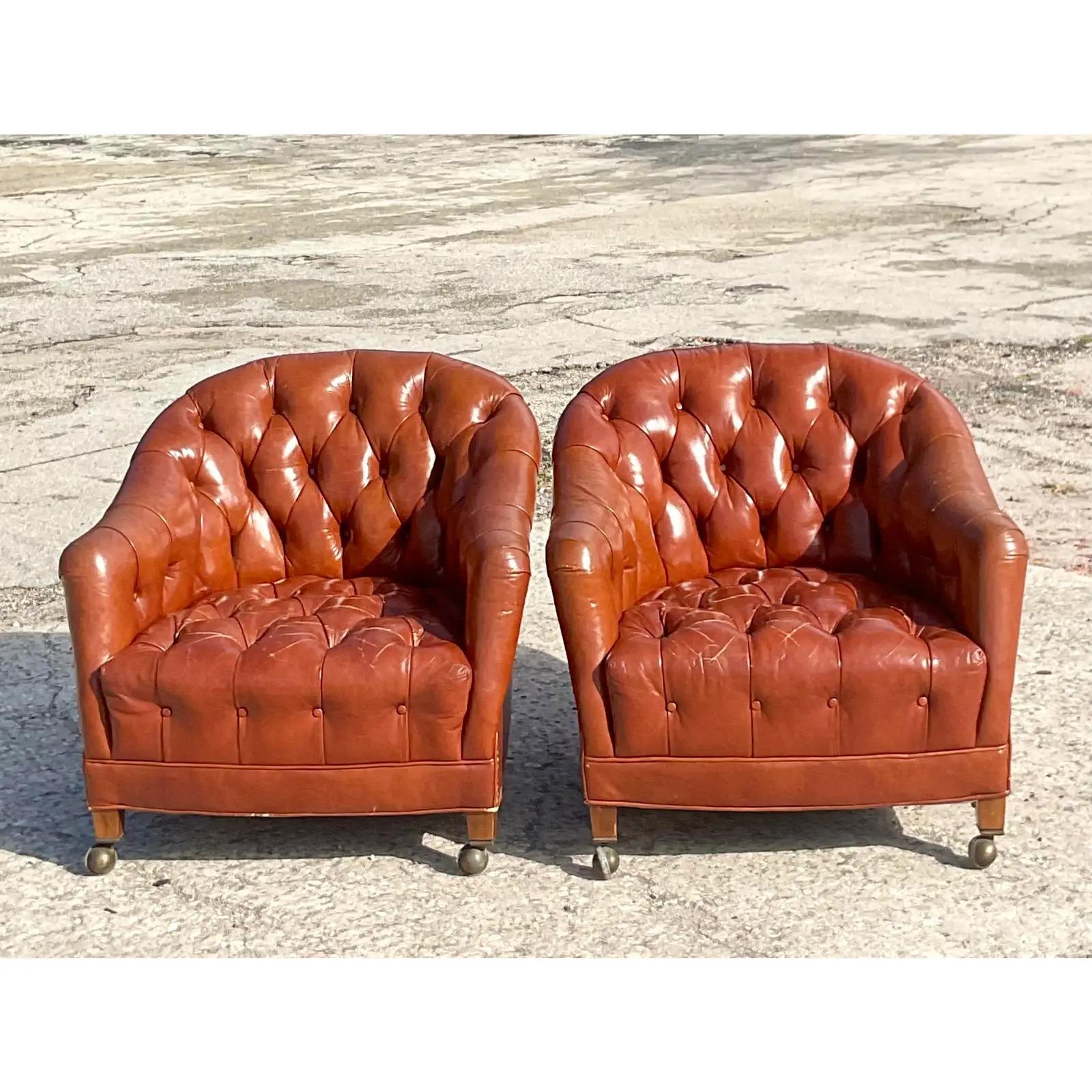 20th Century Vintage Regency Hickory Chair Tufted Leather Tub Chair on Casters, a Pair