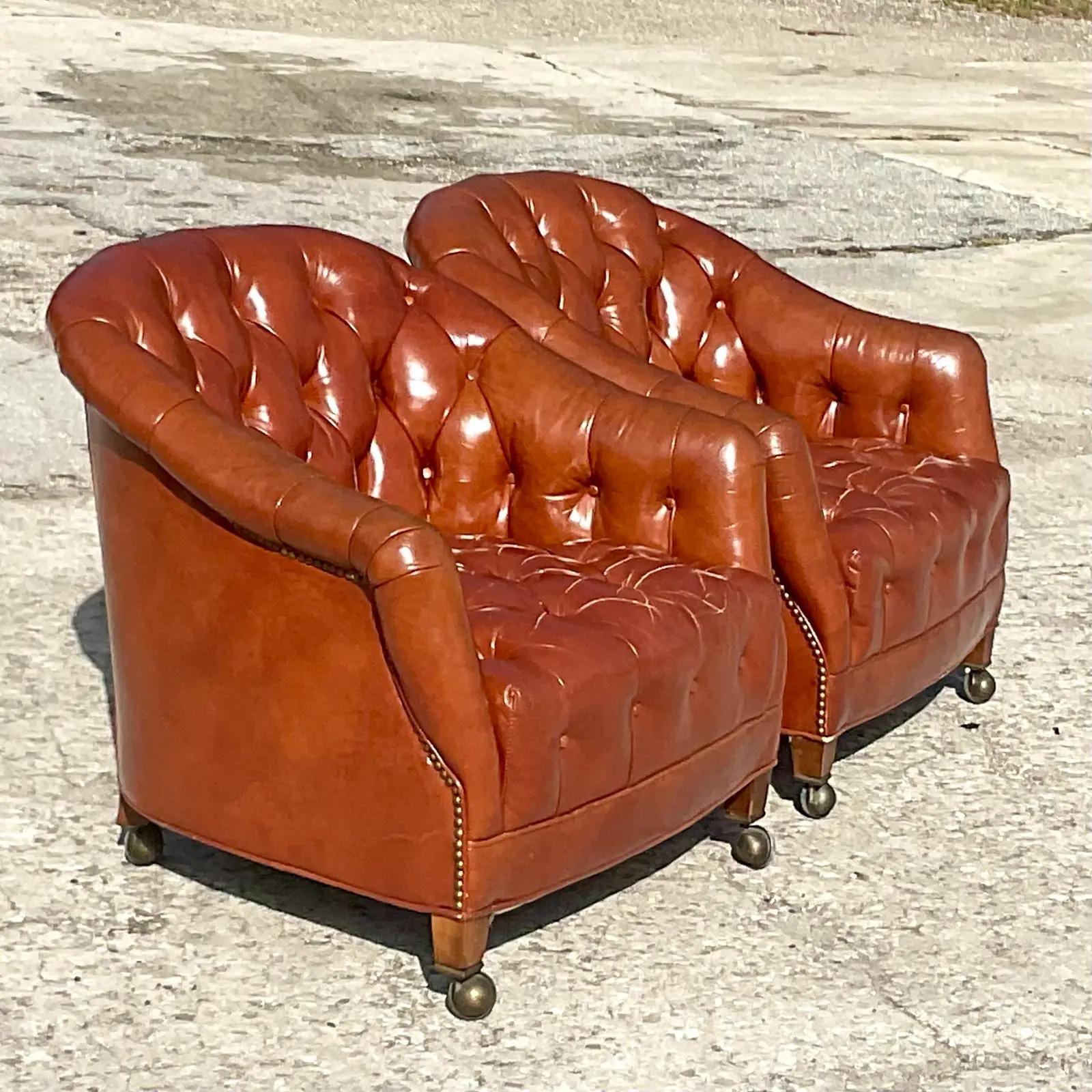 Vintage Regency Hickory Chair Tufted Leather Tub Chair on Casters, a Pair 2