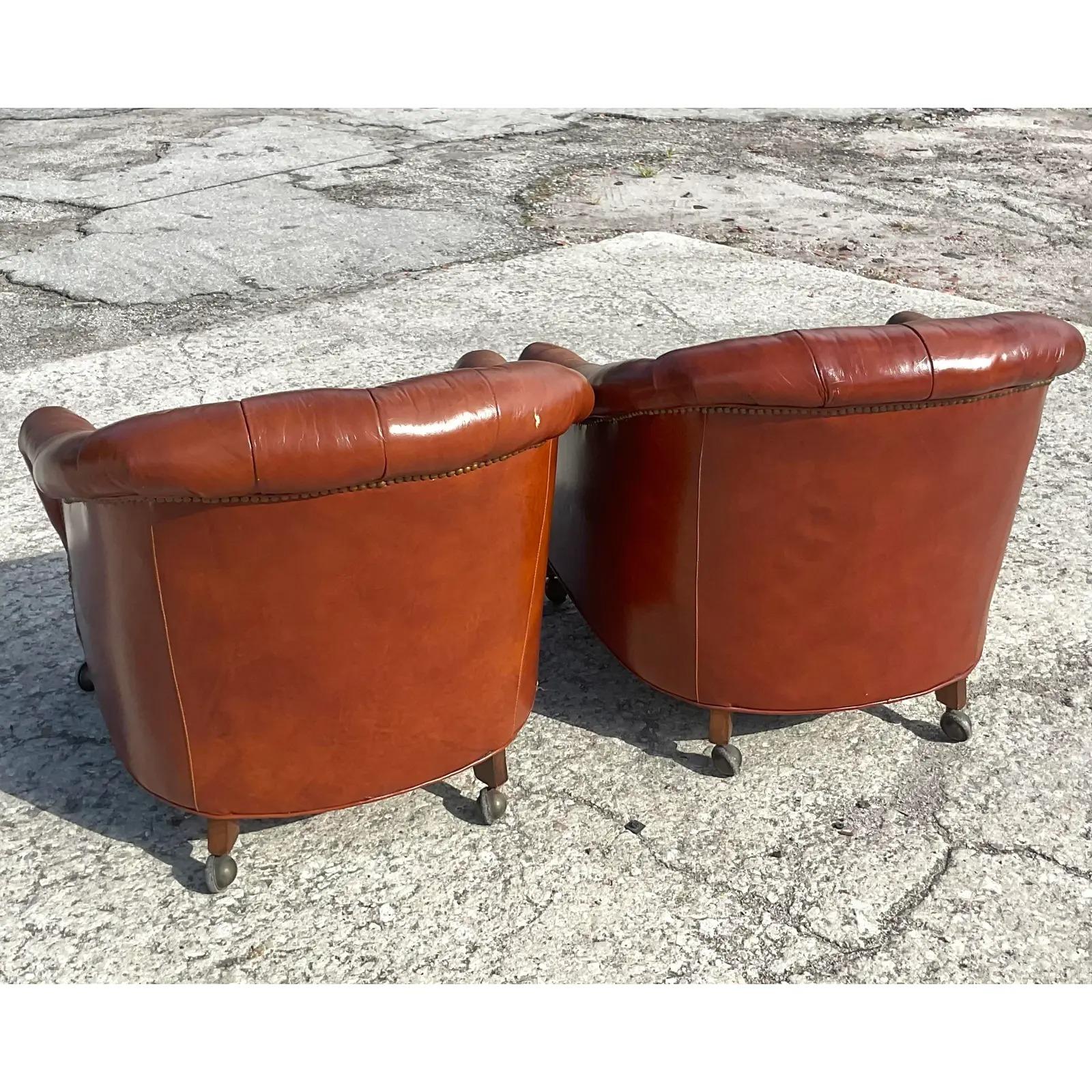 Vintage Regency Hickory Chair Tufted Leather Tub Chair on Casters, a Pair 4