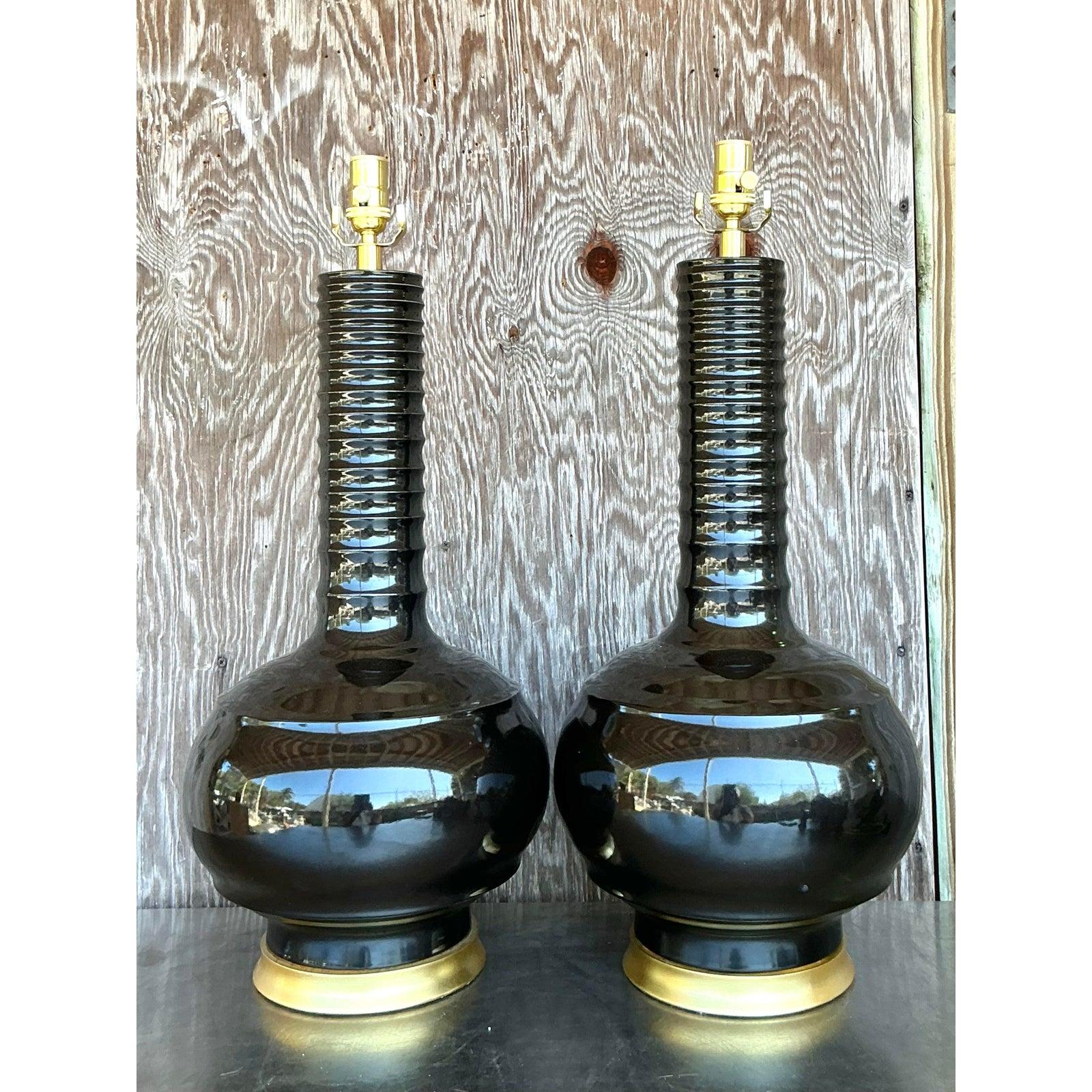 Vintage Regency Hwang Bishop Glazed Ceramic Lamps - A Pair 4
