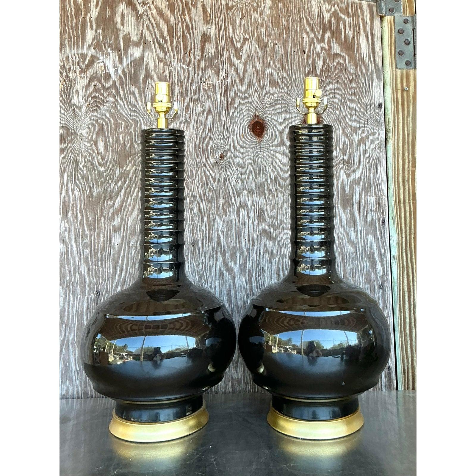 Mid-Century Modern Vintage Regency Hwang Bishop Glazed Ceramic Lamps - A Pair