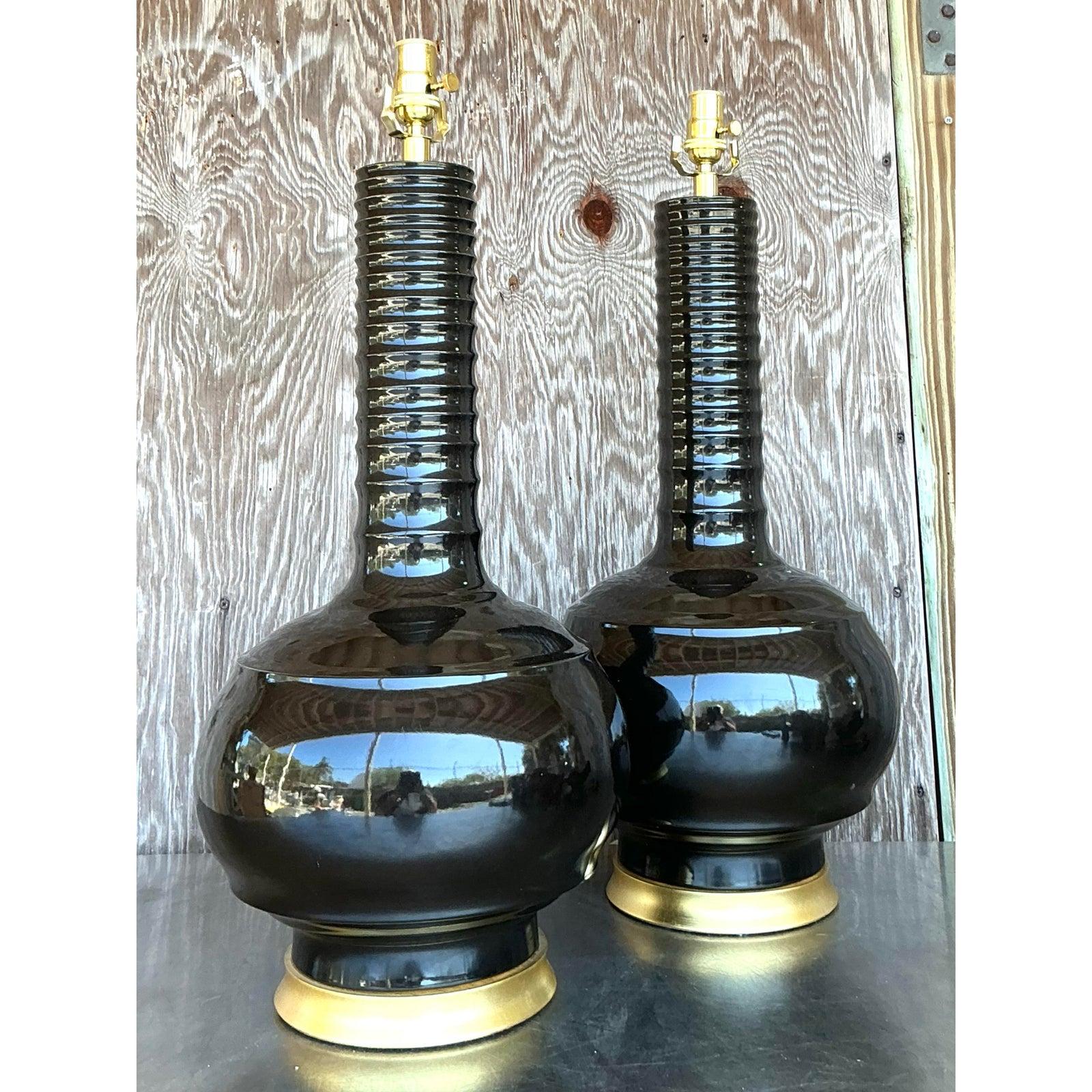 Vintage Regency Hwang Bishop Glazed Ceramic Lamps - A Pair In Good Condition In West Palm Beach, FL