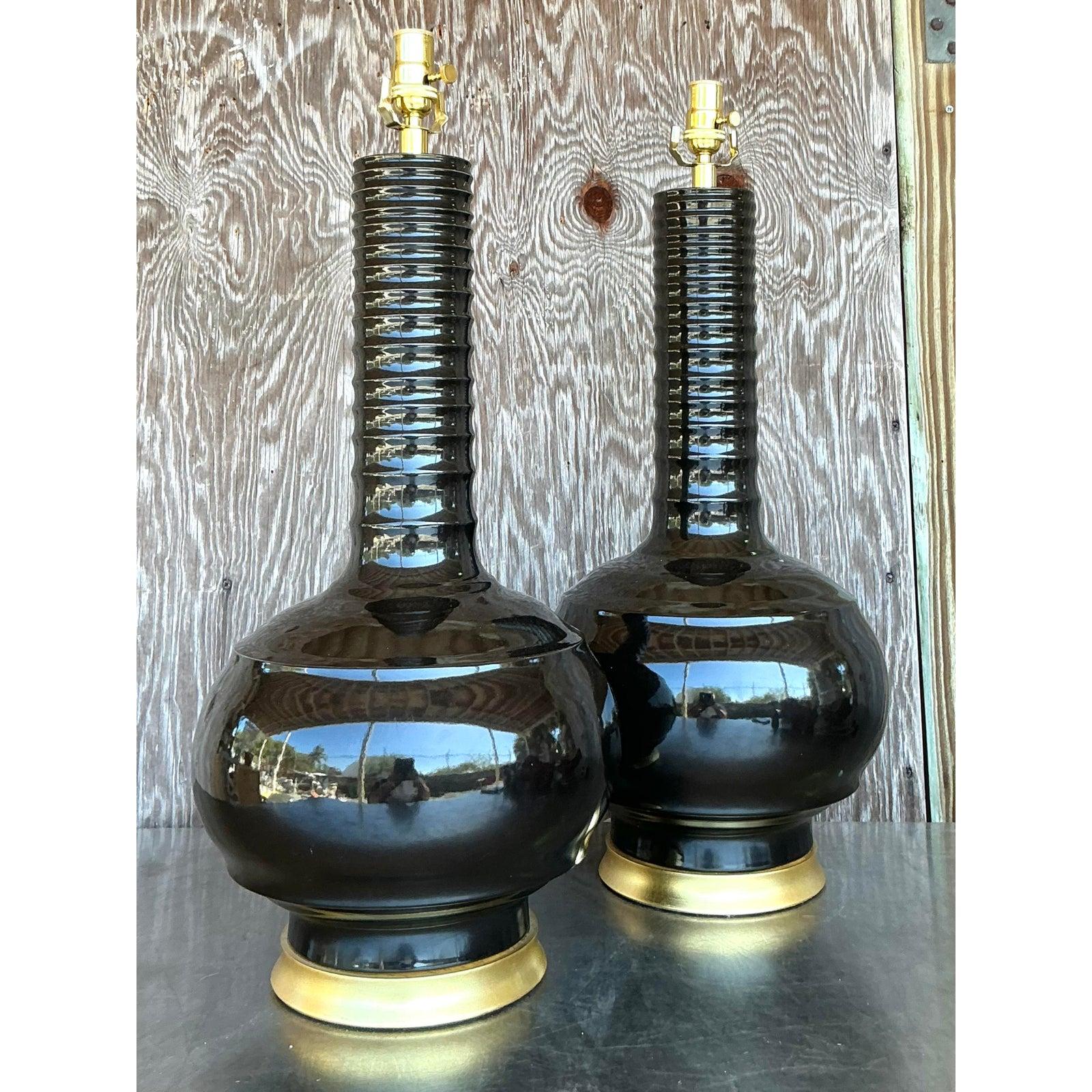 Metal Vintage Regency Hwang Bishop Glazed Ceramic Lamps - A Pair