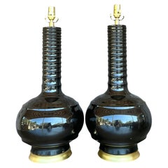 Vintage Regency Hwang Bishop Glazed Ceramic Lamps - A Pair