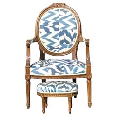 Vintage Regency Ikat Fauteuil Chair and Footstool