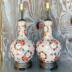 Vintage Regency Imari Flow Gourd Lamps - a Pair