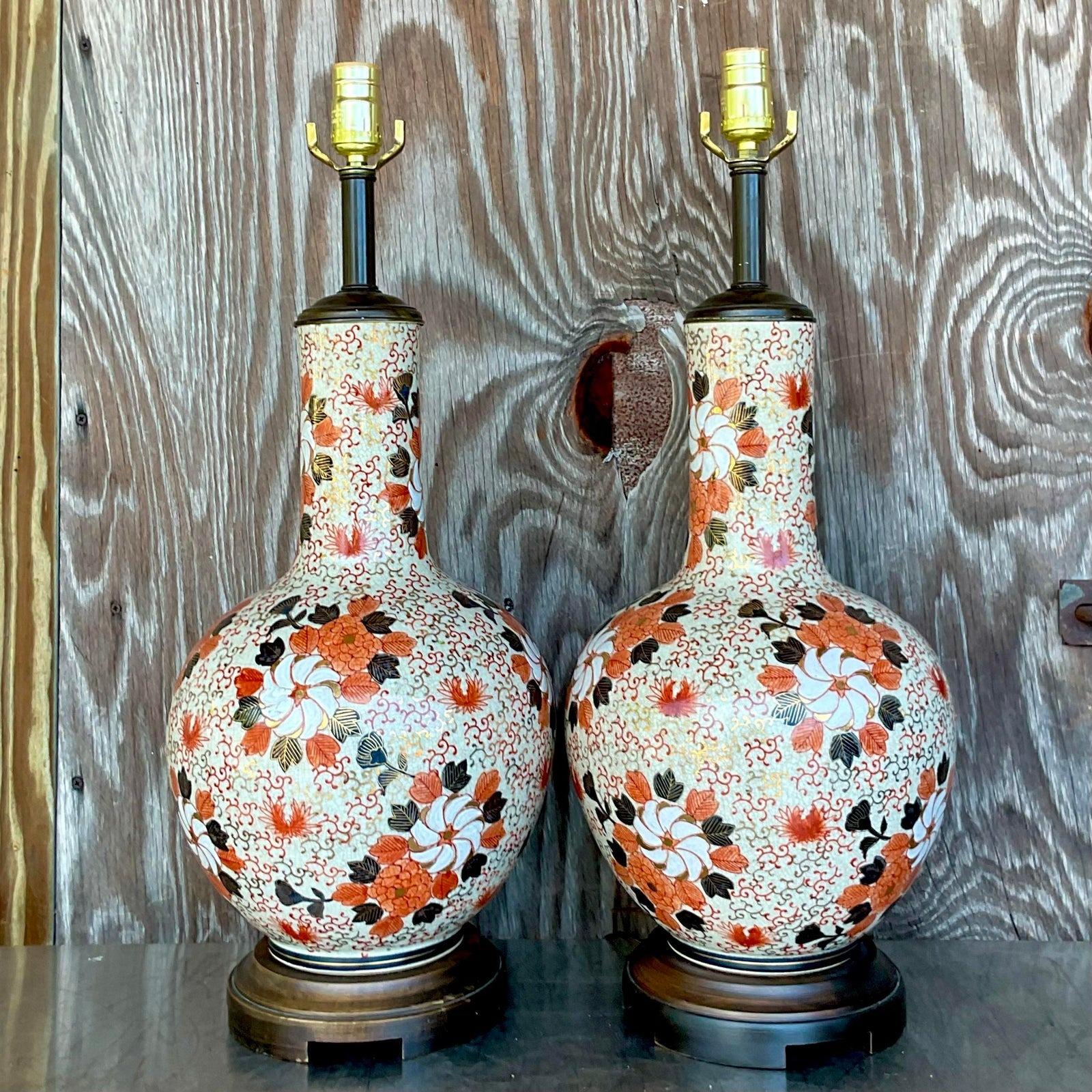 Japanese Vintage Regency Imari Flow Gourd Lamps - a Pair