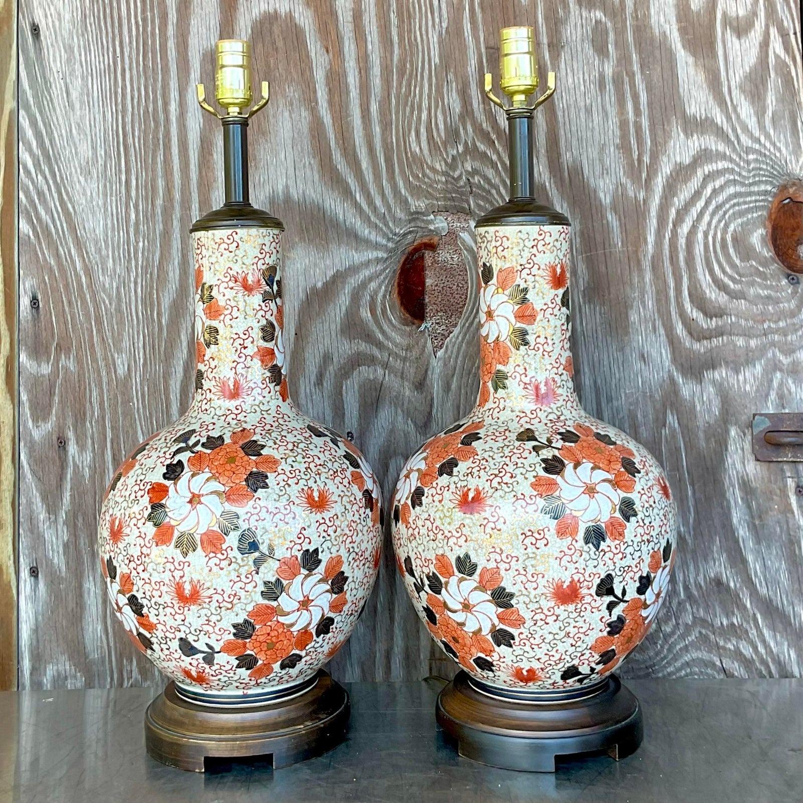 20th Century Vintage Regency Imari Flow Gourd Lamps - a Pair