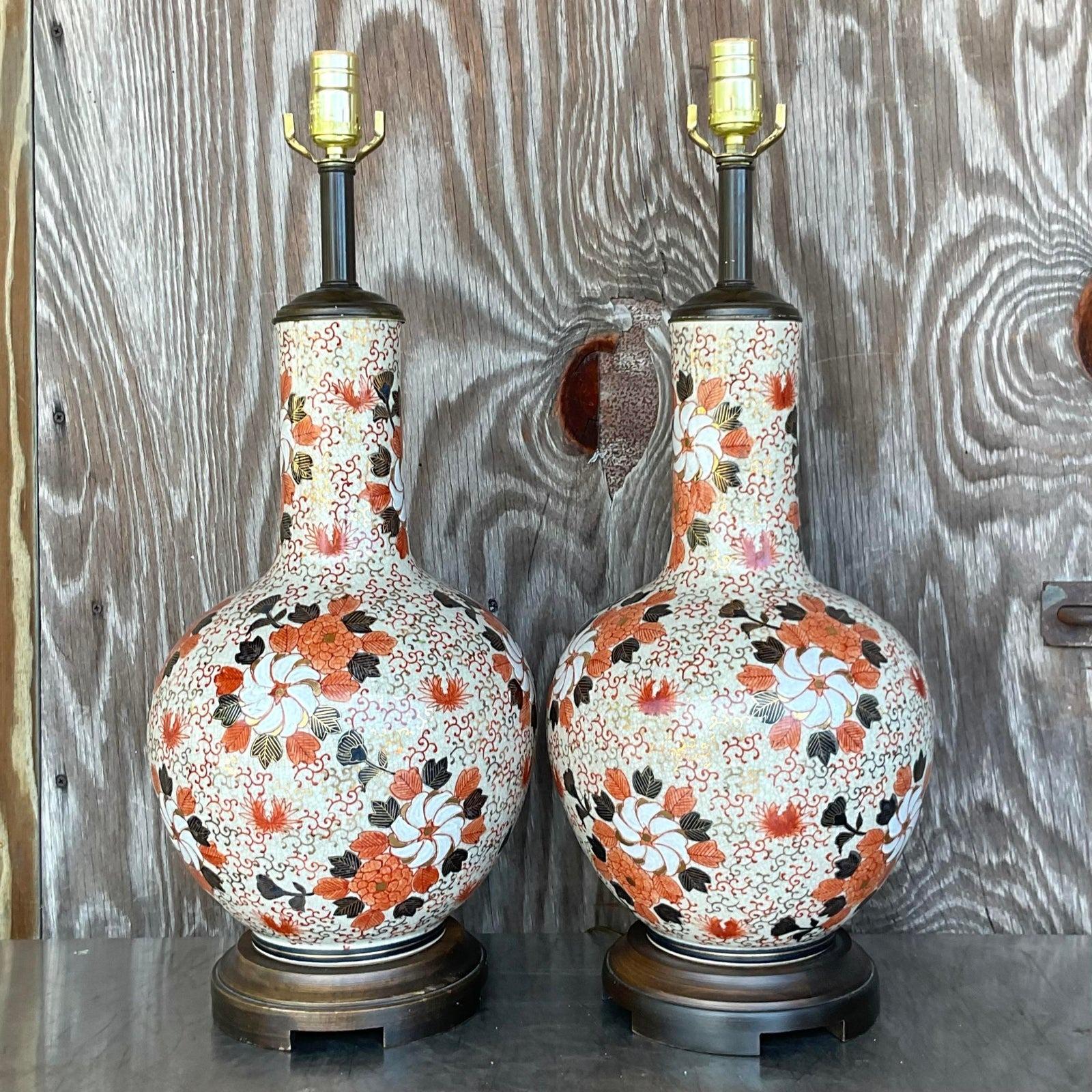 Metal Vintage Regency Imari Flow Gourd Lamps - a Pair