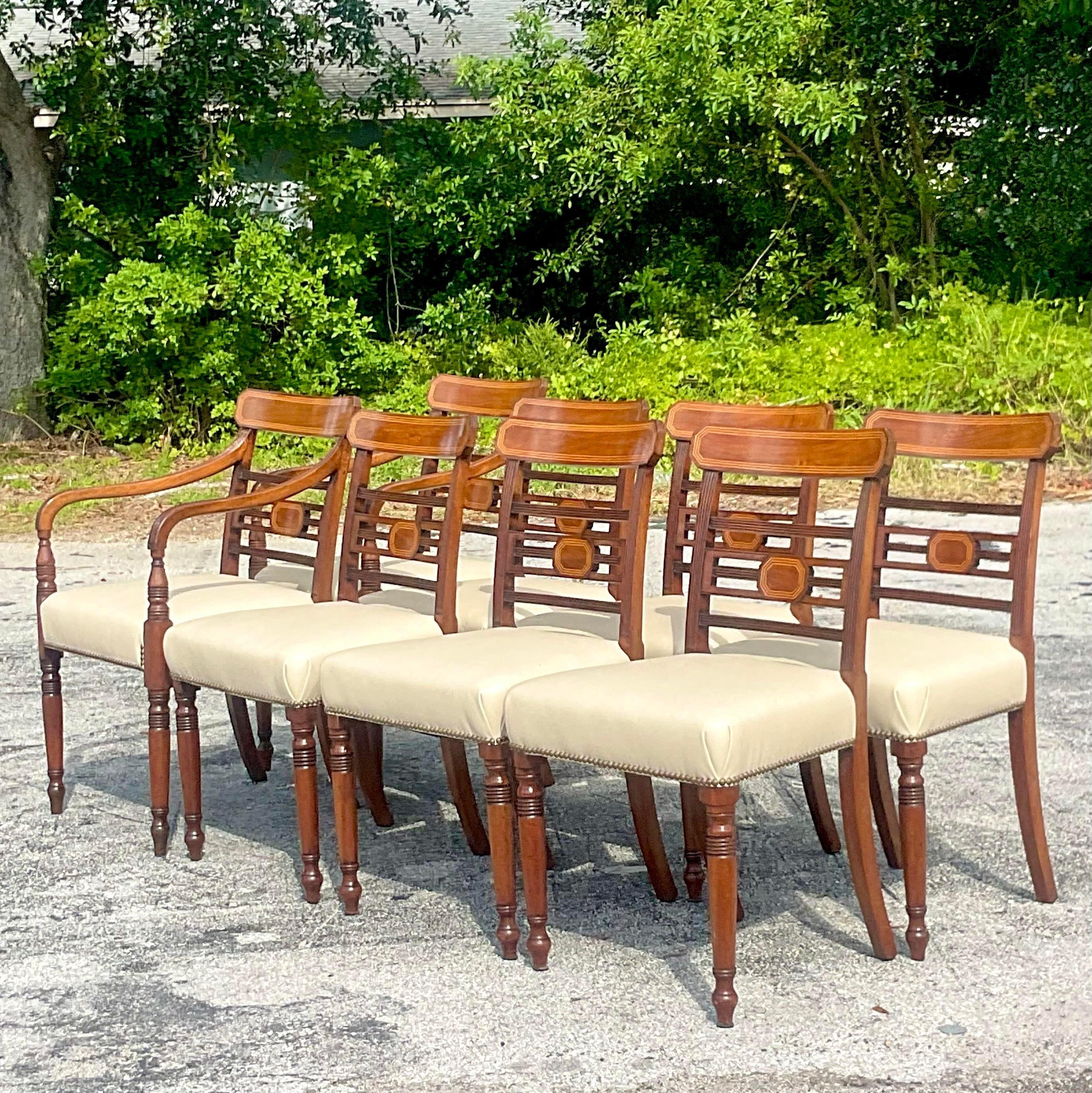 Vintage Regency Inlaid Mahogany Dining Chairs - Set of 8 For Sale 6