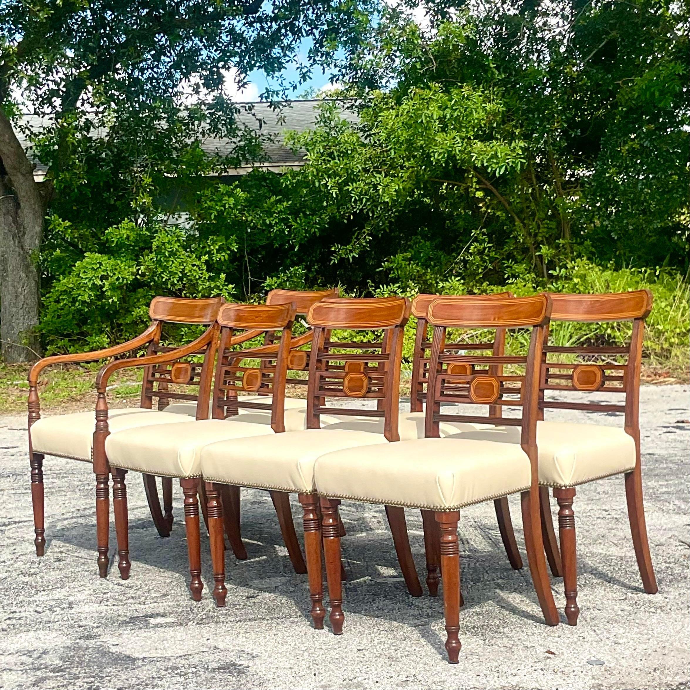 Vintage Regency Inlaid Mahogany Dining Chairs - Set of 8 In Good Condition For Sale In west palm beach, FL