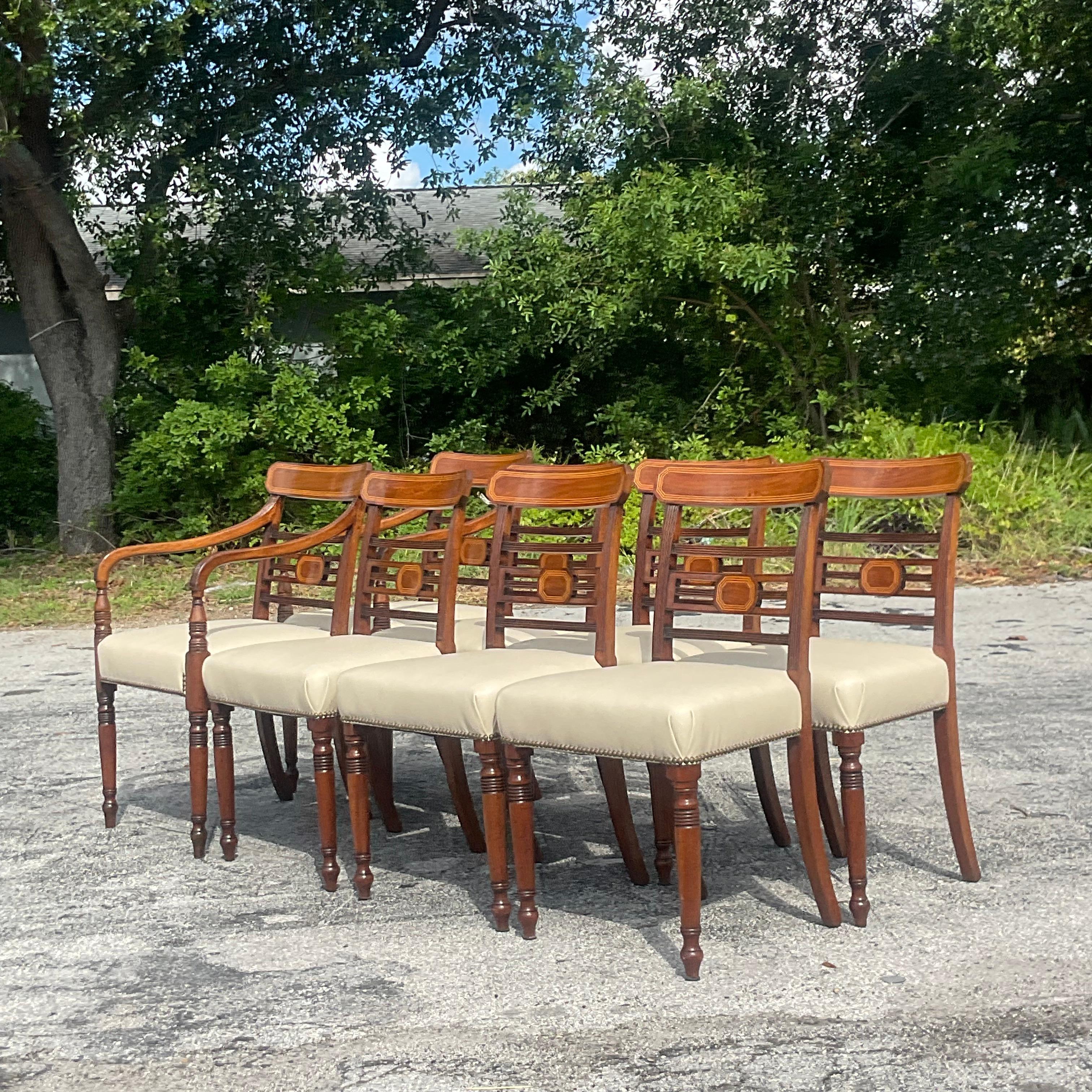 Fabric Vintage Regency Inlaid Mahogany Dining Chairs - Set of 8 For Sale
