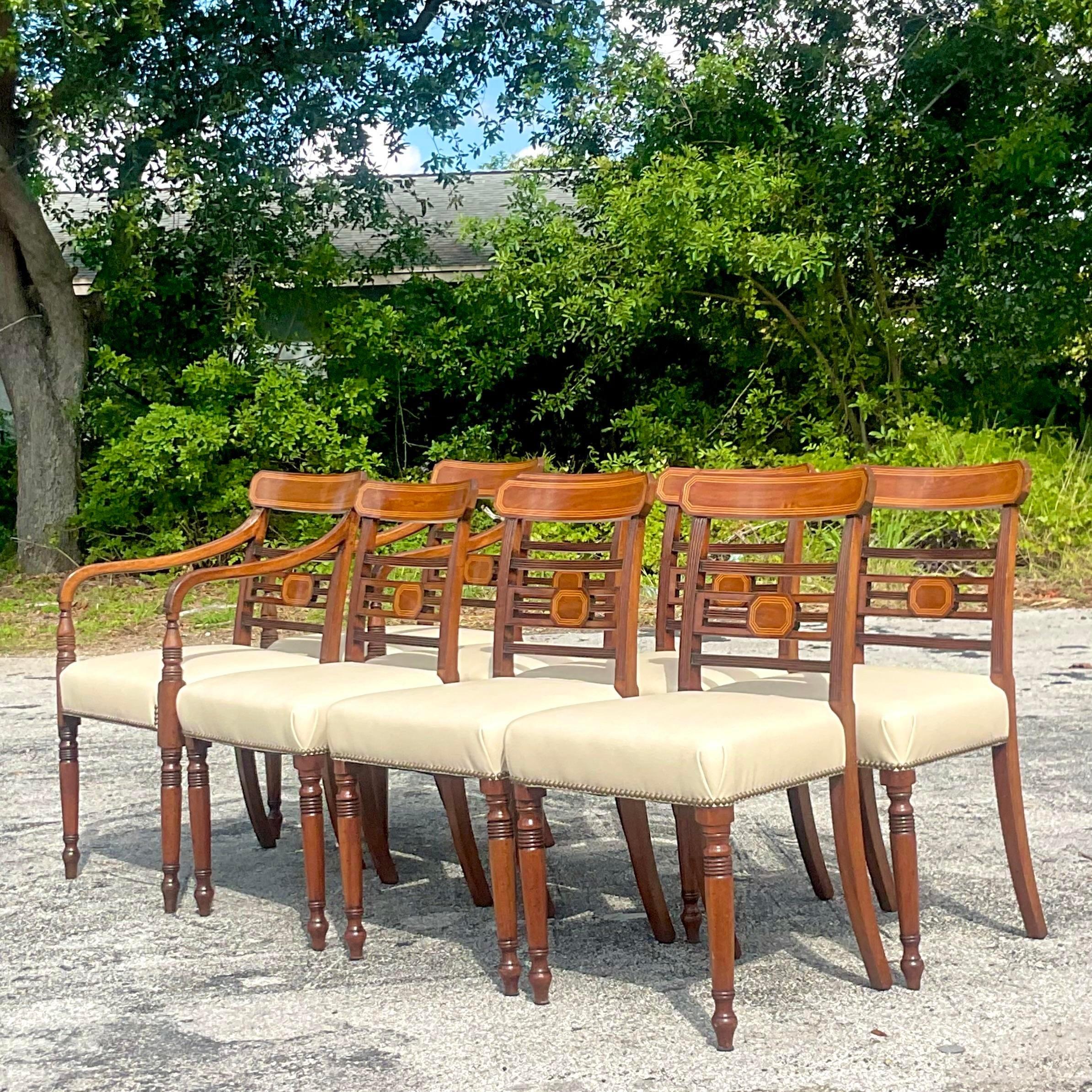 Vintage Regency Inlaid Mahogany Dining Chairs - Set of 8 For Sale 1