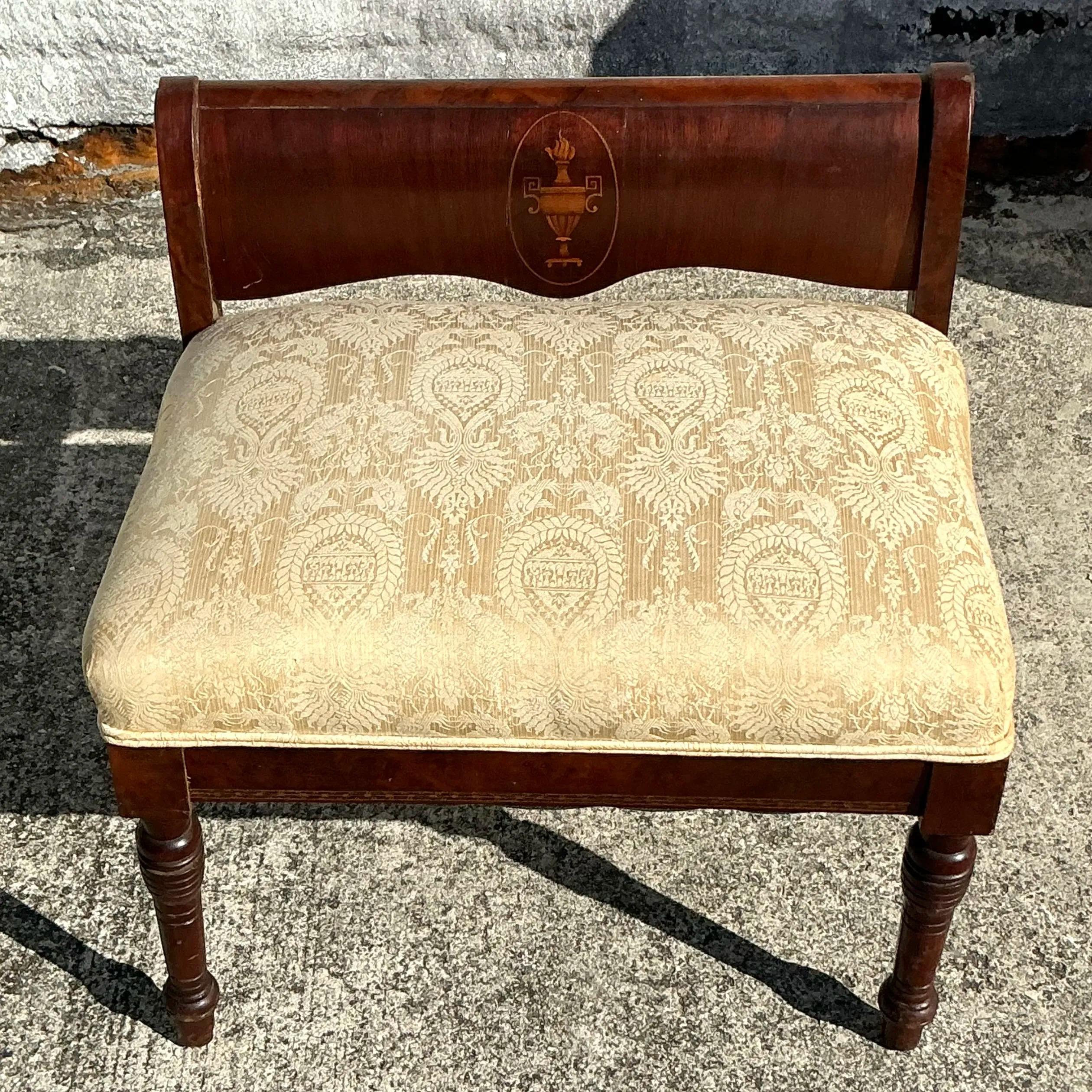 Vintage Regency Inlay Bench In Good Condition For Sale In west palm beach, FL