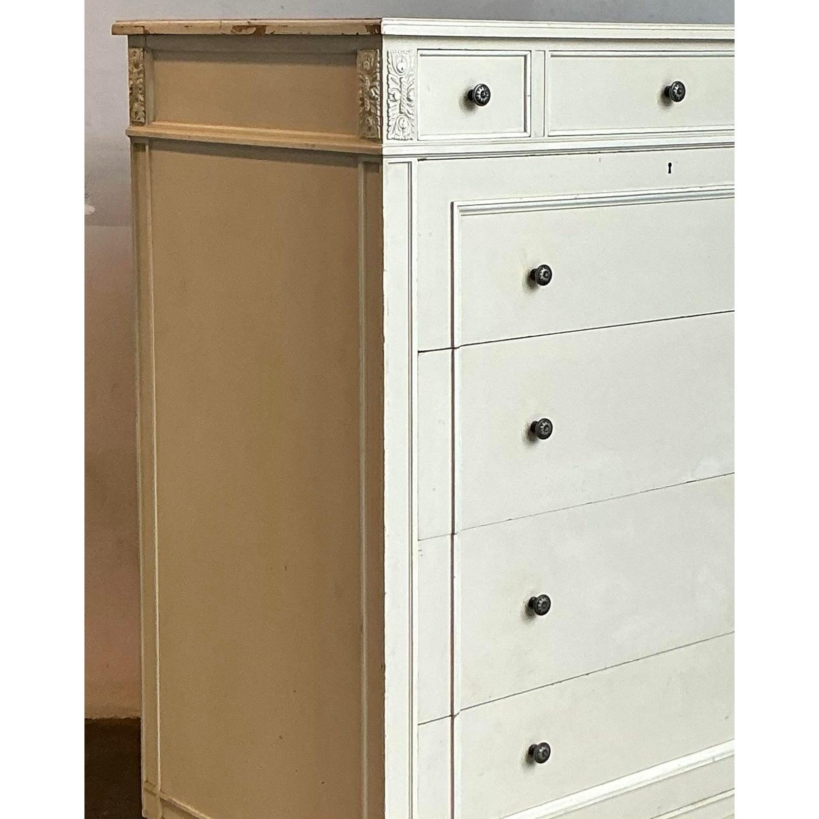 This elegant Vintage Hollywood Regency Irving and Casson Davenport chest of drawers is a superb example of classic design and enduring style. Crafted from wood with a charming painted finish, this piece features a timeless silhouette with three