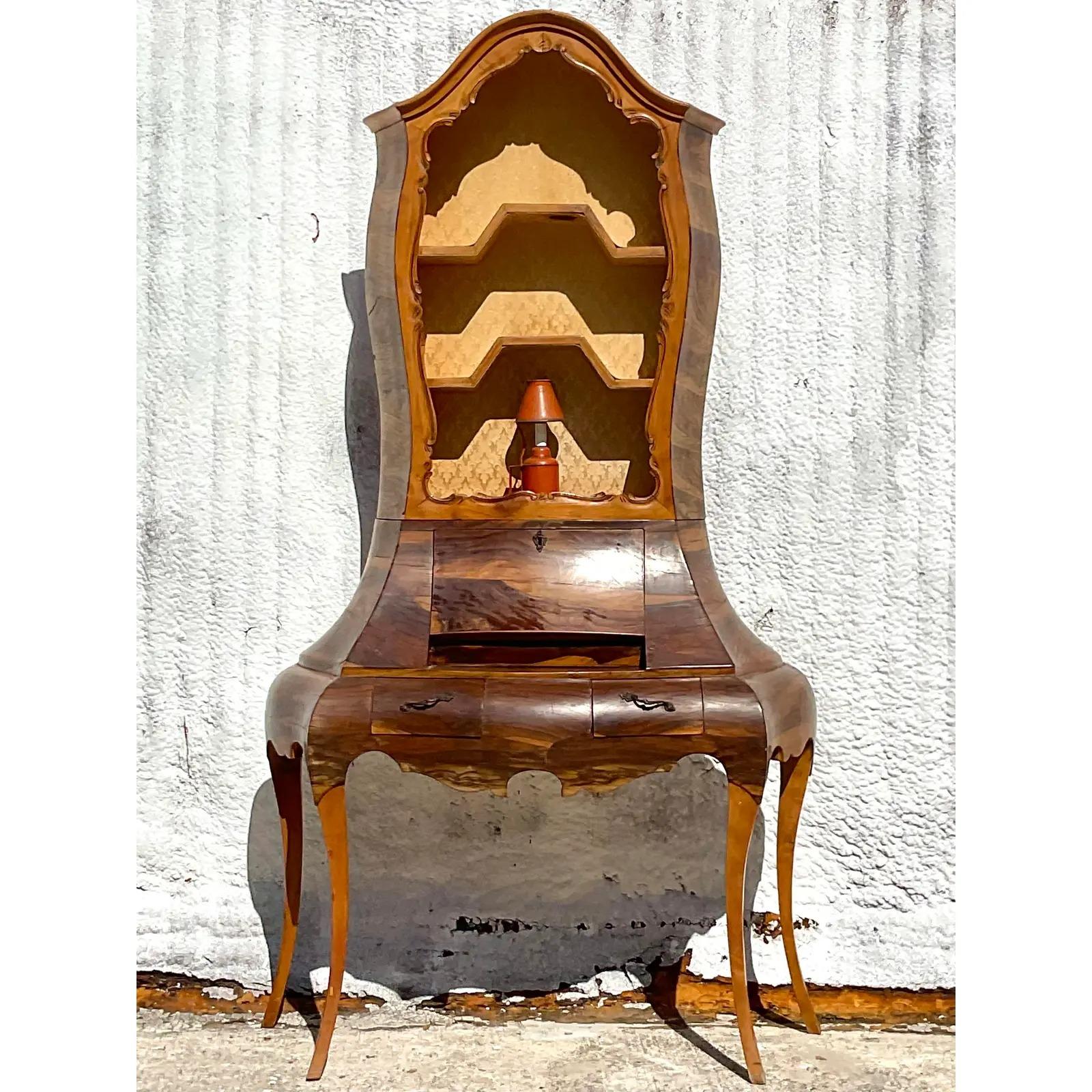 1960s Vintage Regency Italian Burlwood Desk and Chair - Set of 2 In Good Condition For Sale In West Palm Beach, FL