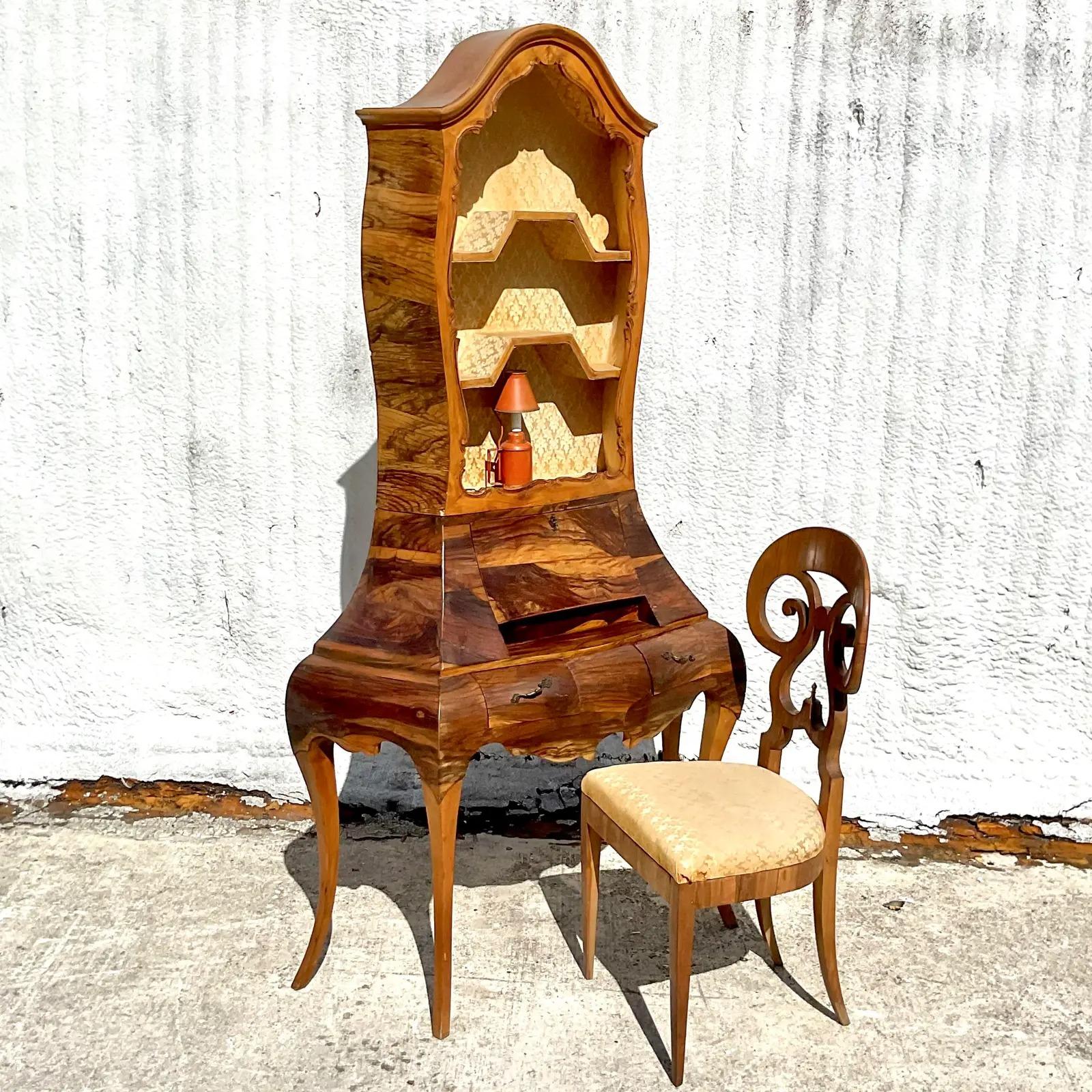 1960s Vintage Regency Italian Burlwood Desk and Chair - Set of 2 For Sale 1