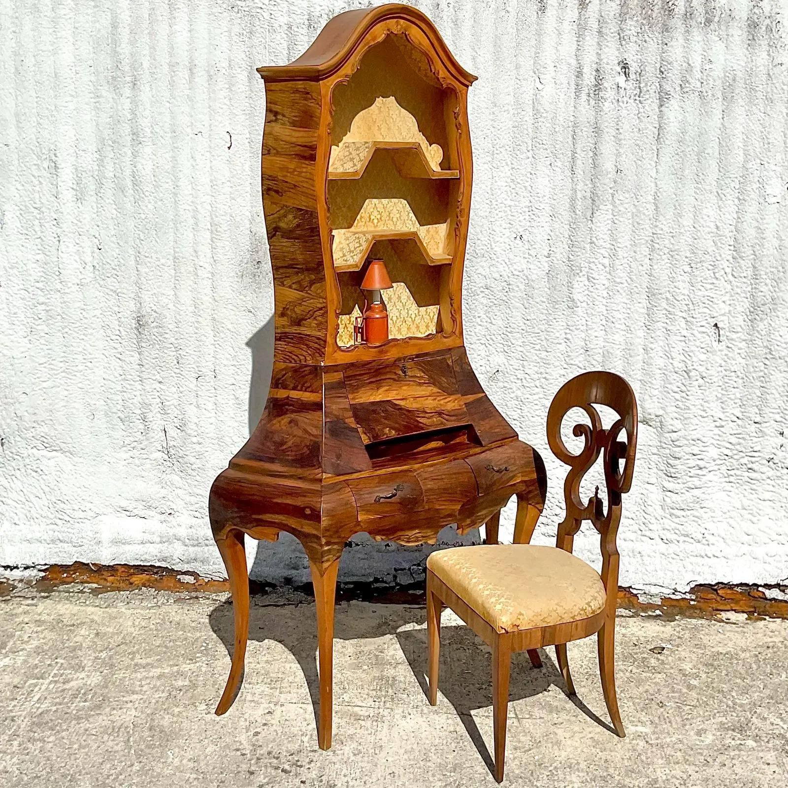 Vintage Regency Italian Burlwood Desk and Chair For Sale 3