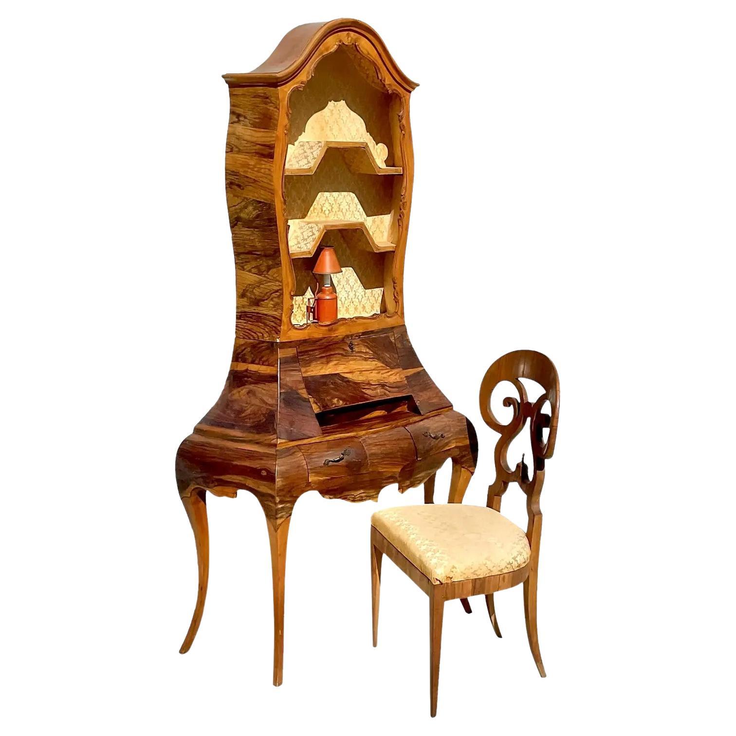Bureau et chaise italiens de style Régence vintage en bois de ronce