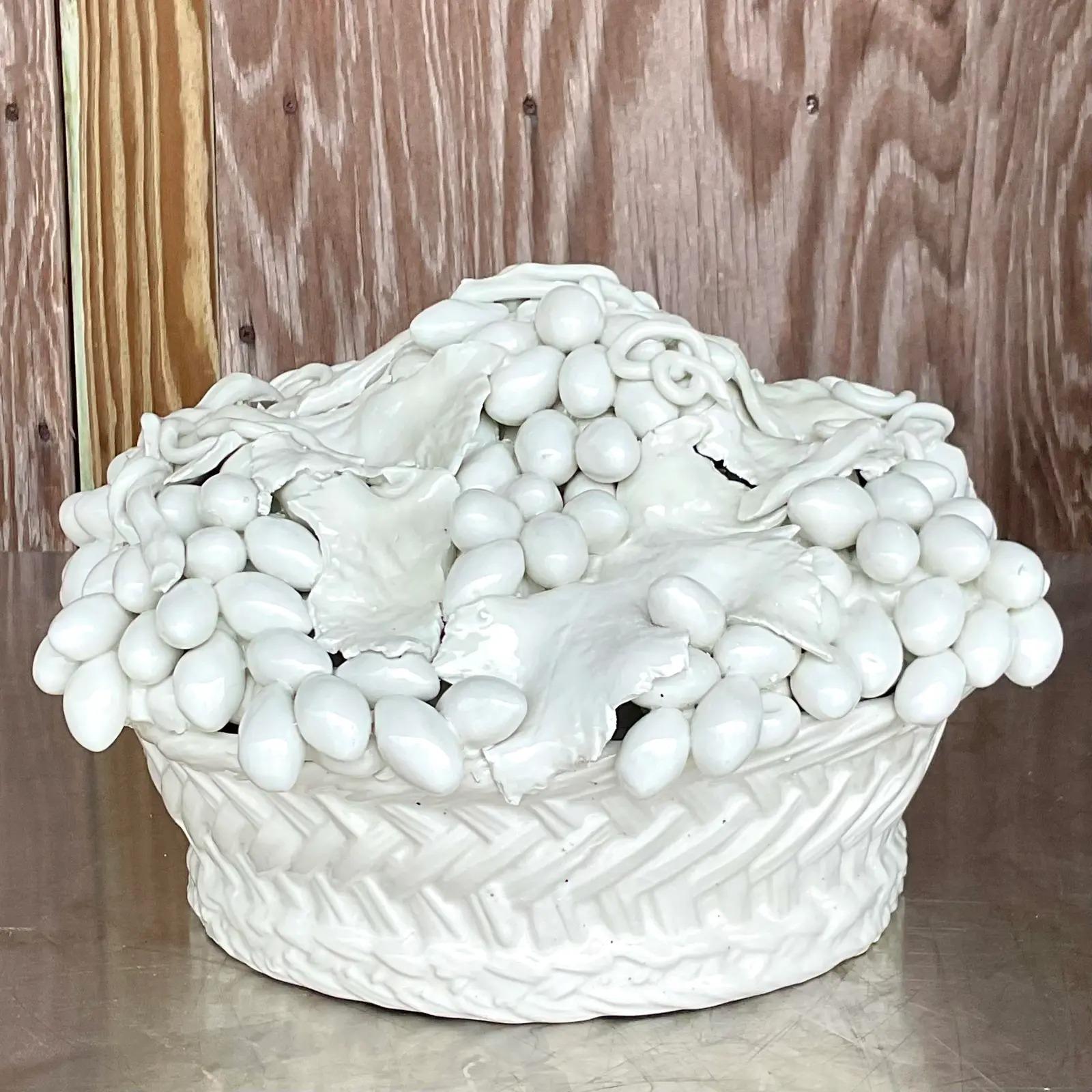 Gorgeous vintage Italian glazed ceramic fruit bowl. Made by the iconic Este group. Beautiful Blanc de Chine all white finish. Acquired from a Palm Beach estate.