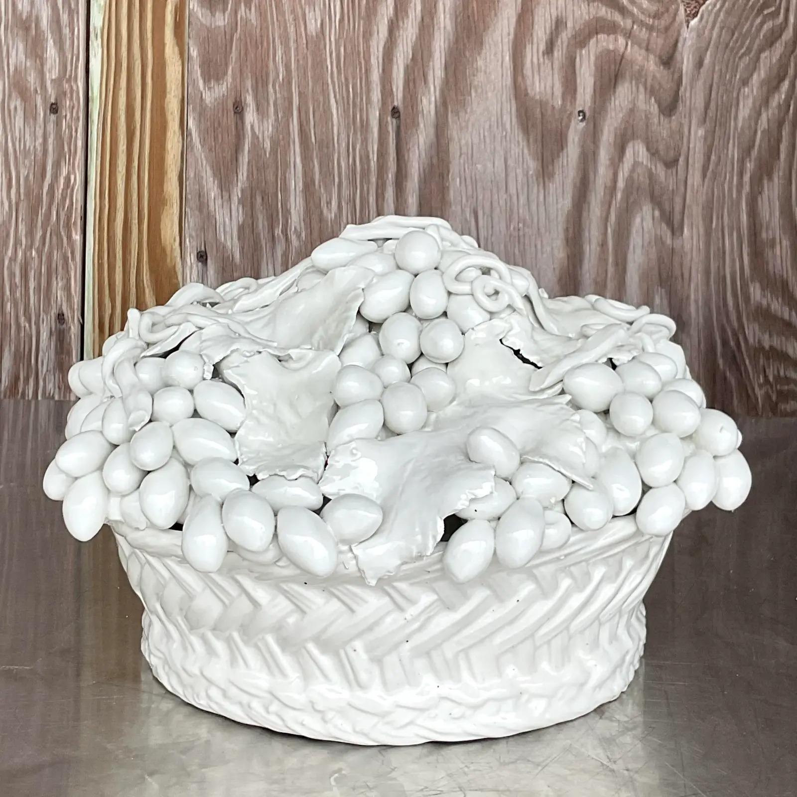 Vintage Regency Italian Este Glazed Ceramic Blanc De Chine Fruit Basket In Good Condition In west palm beach, FL