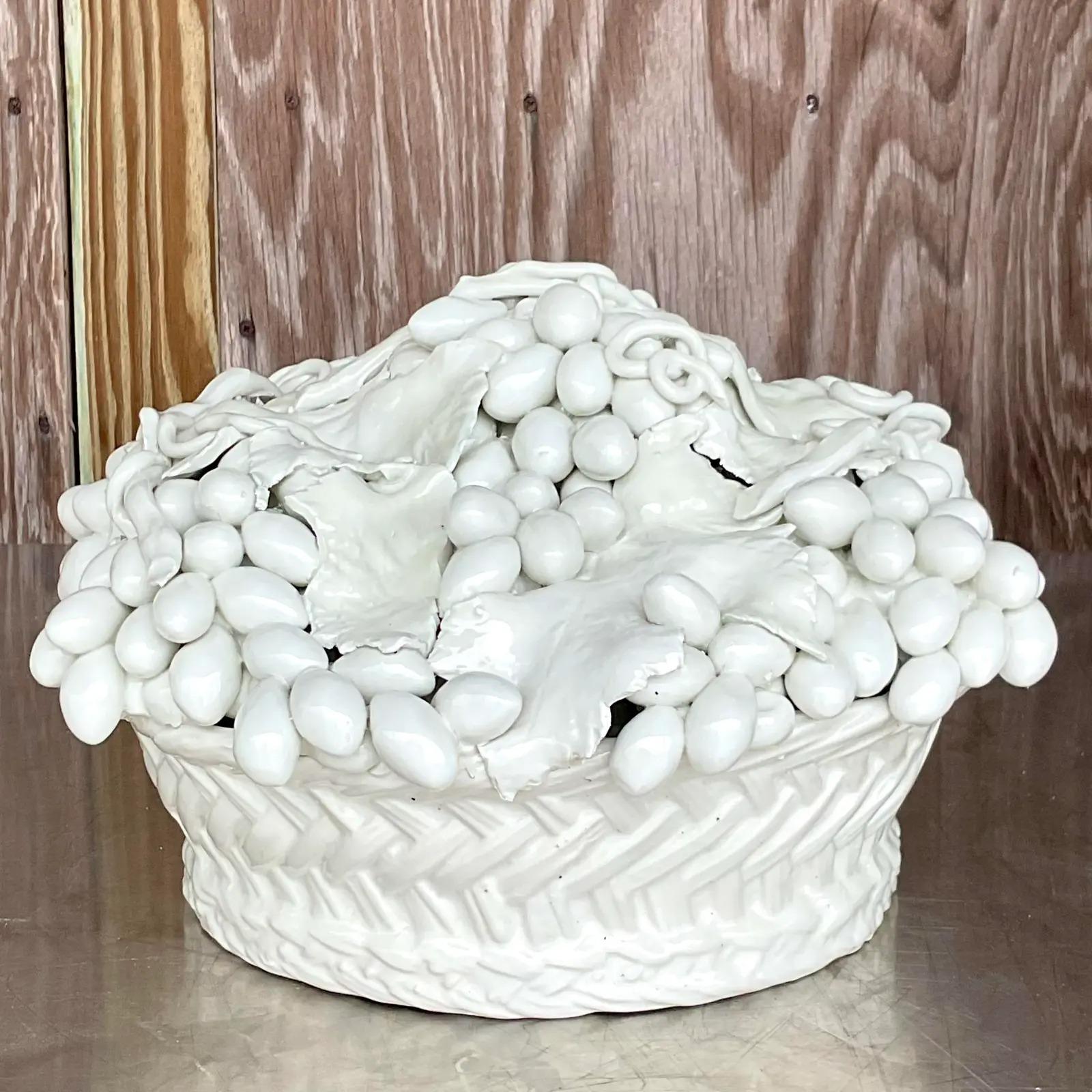 20th Century Vintage Regency Italian Este Glazed Ceramic Blanc De Chine Fruit Basket