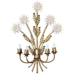 Vintage Regency Italian Gilt Tole Daisy Flower Five Light Wall Sconce