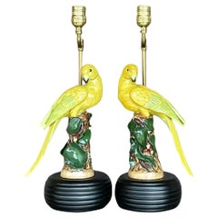 Vintage Regency Italian Glazed Ceramic Birds Lamps - a Pair