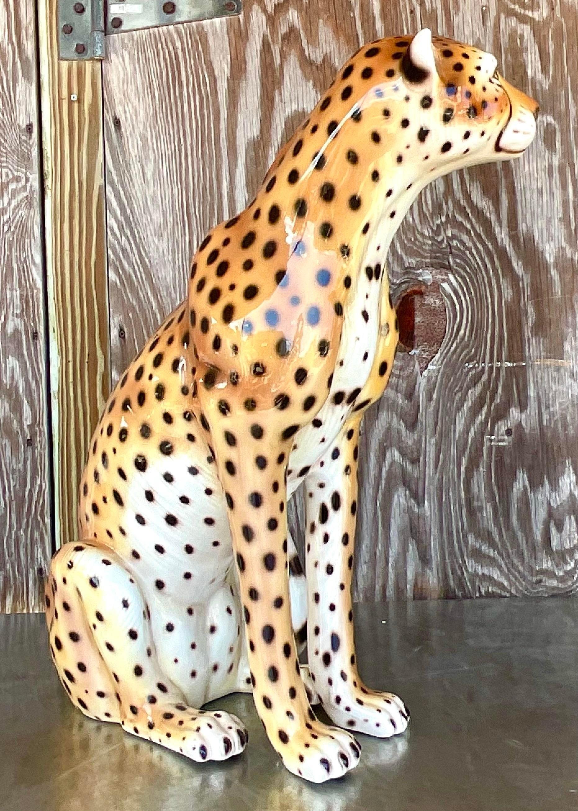 Mid-Century Modern Vintage Regency Italian Glazed Ceramic Cheetah