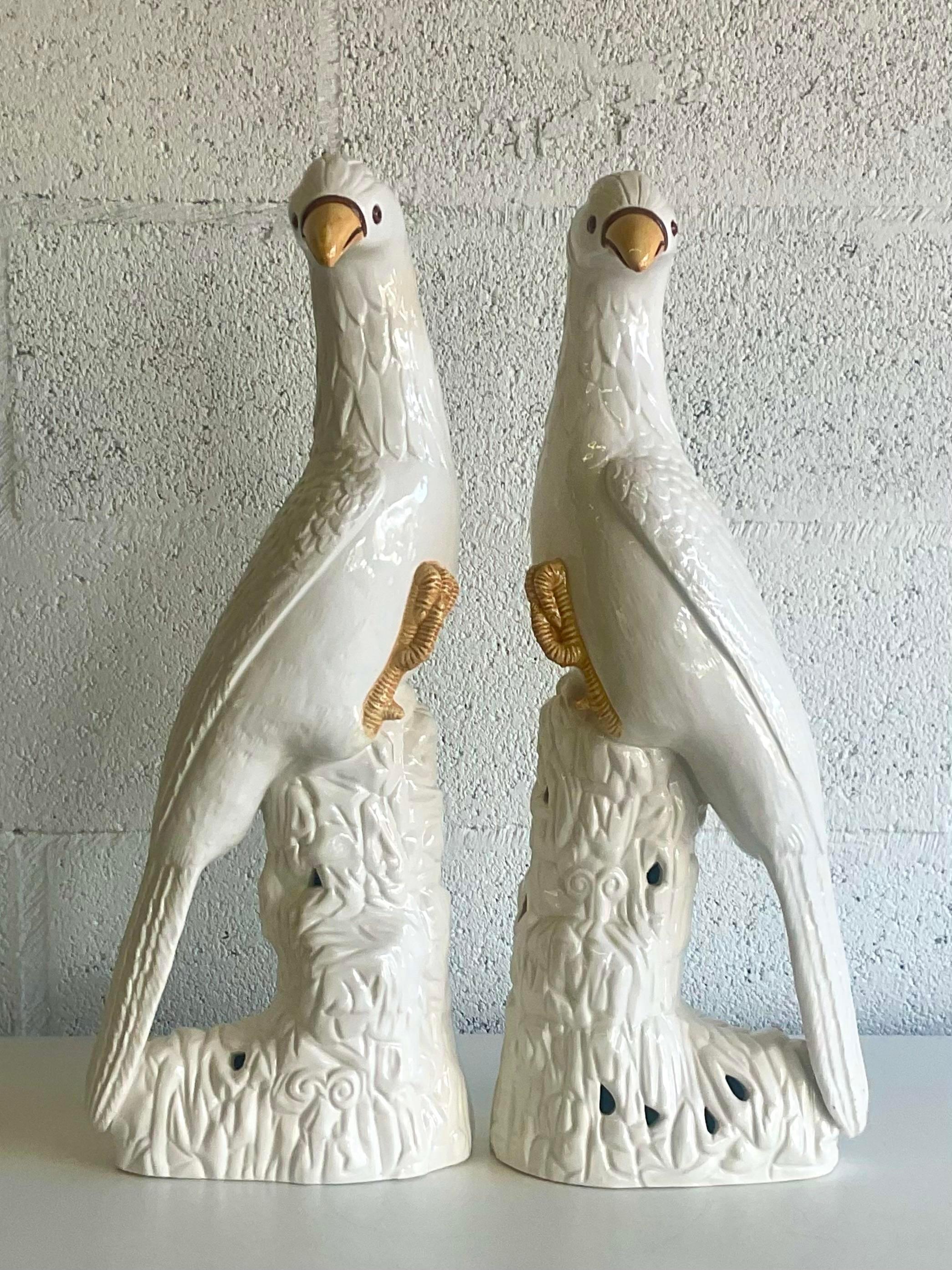 Vintage Regency Italian Glazed Ceramic Cockatoo - a Pair In Good Condition In west palm beach, FL