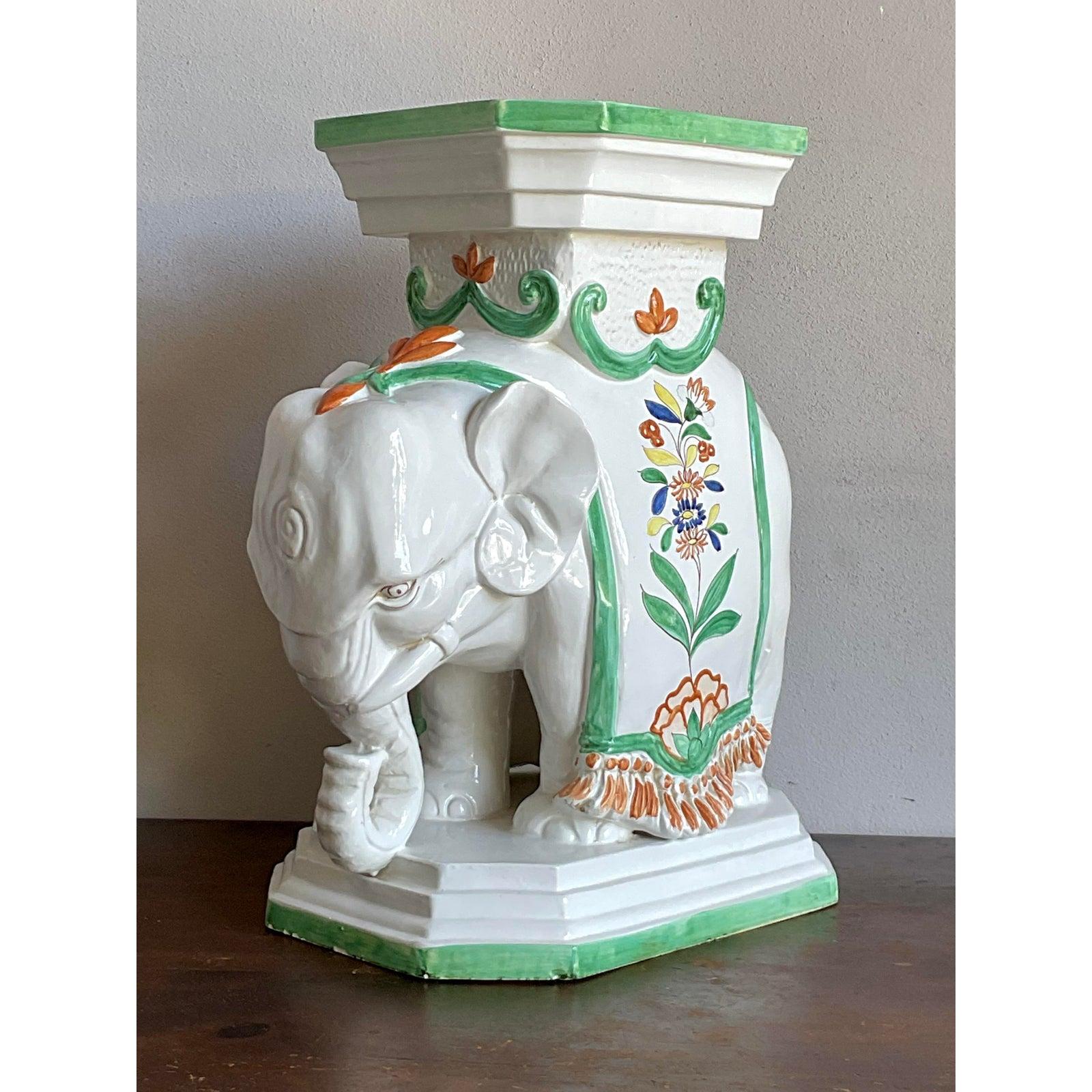 Chinoiserie Vintage Regency Italian Glazed Ceramic Elephant Low Stool For Sale